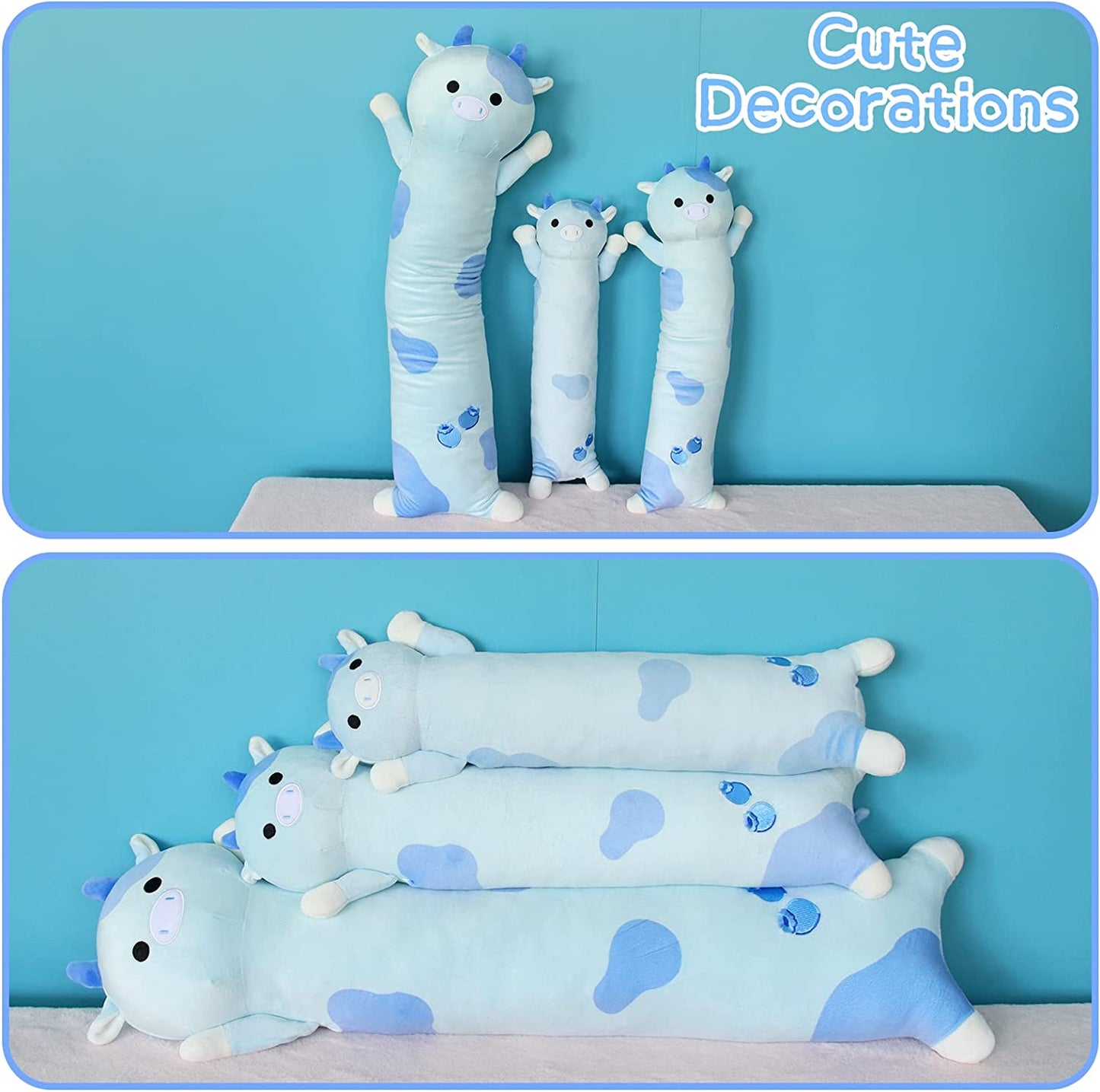 Long Blueberry Cow Plush Body Pillow, 19.5" Kawaii Blueberry Cow Stuffed Animals Cow Plushie, Blue Long Cow Pillow Soft Plush Cow Long Throw Pillow Toy for Kids Girls Boys Valentines Day Gifts