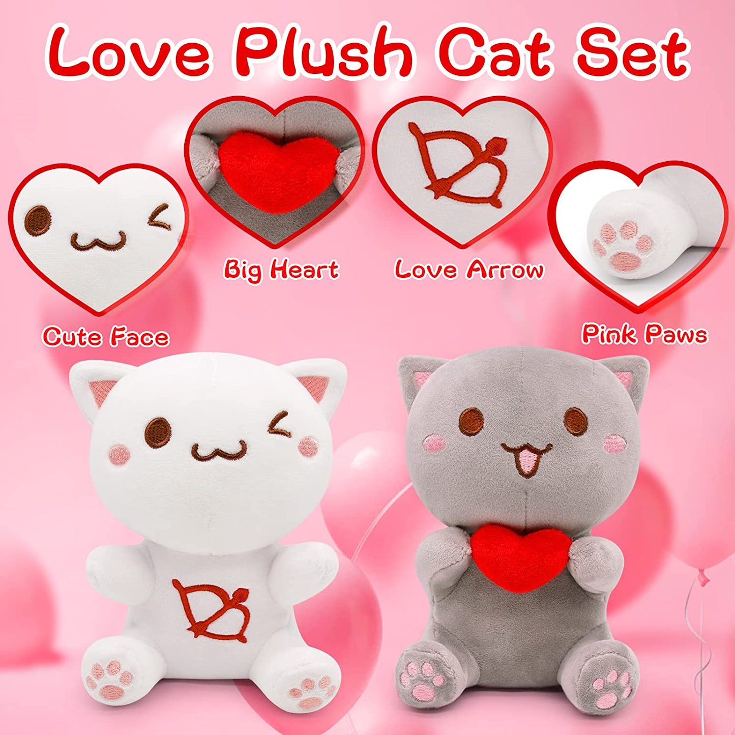2Pcs Cat Plush Toy Set Valentines Day Plush Gifts, Kawaii Small Cat Stuffed Animals Cat Plushie, Cute Plush Cat Pillow Doll Stuffed Cat Plush Toys for Kids Girlfriend Wife Boyfriend