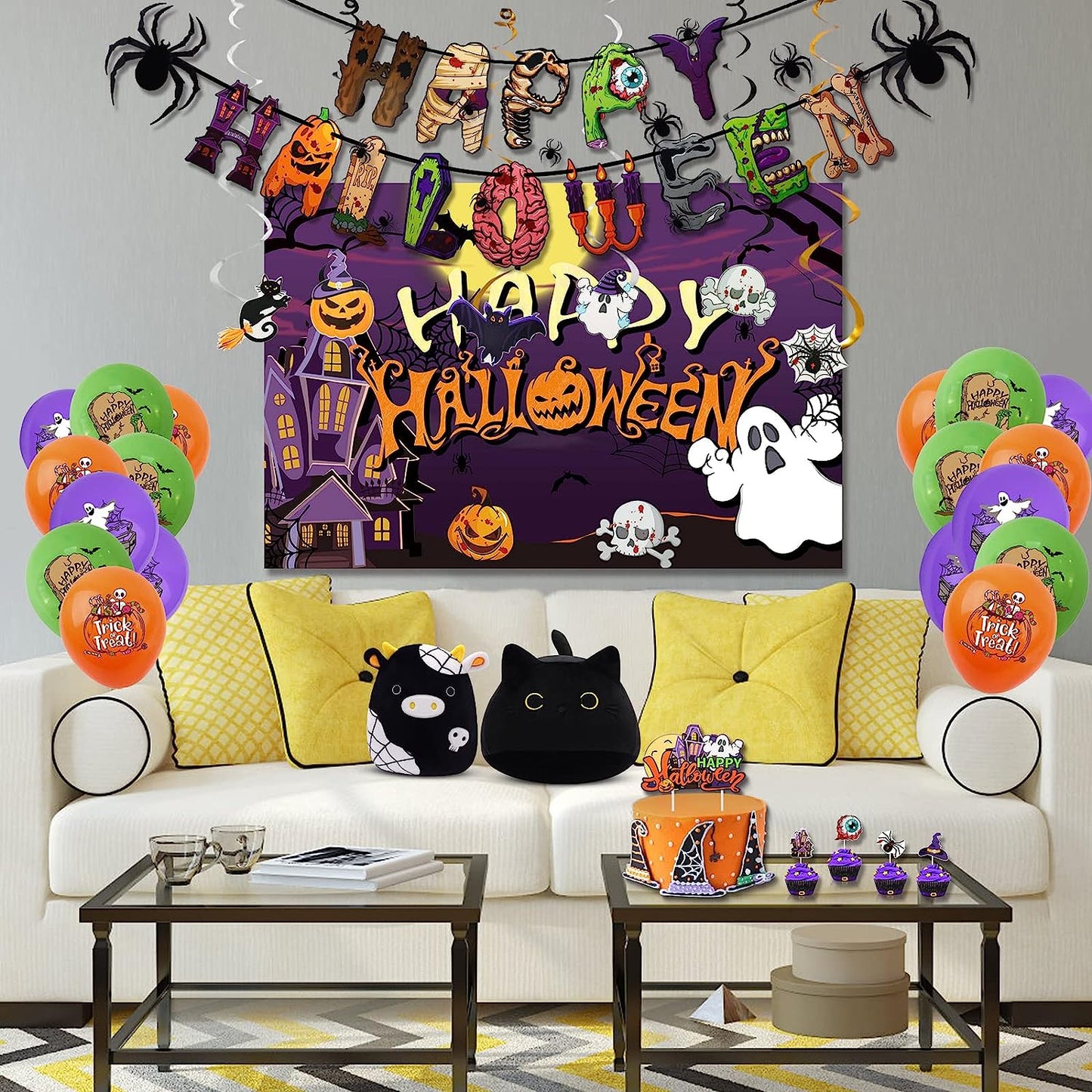 Halloween Party Decorations, Halloween Themed Party Supplies with Happy Halloween Banner Balloons Spider Cake Toppers Swirl Streamers Party Backdrop for Halloween Birthday Indoor Set Halloween Decor