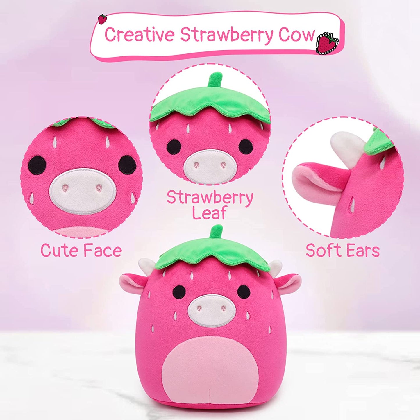 Strawberry Cow Plush Stuffed Animal Cow Plush Pillow Toys, Kawaii Cow Plushie Stuffed Cow Plush Toy, 3D Cute Soft Cow pillow for Christmas Birthday Kids Gifts Home Car Decoration (Strawberry Cow)