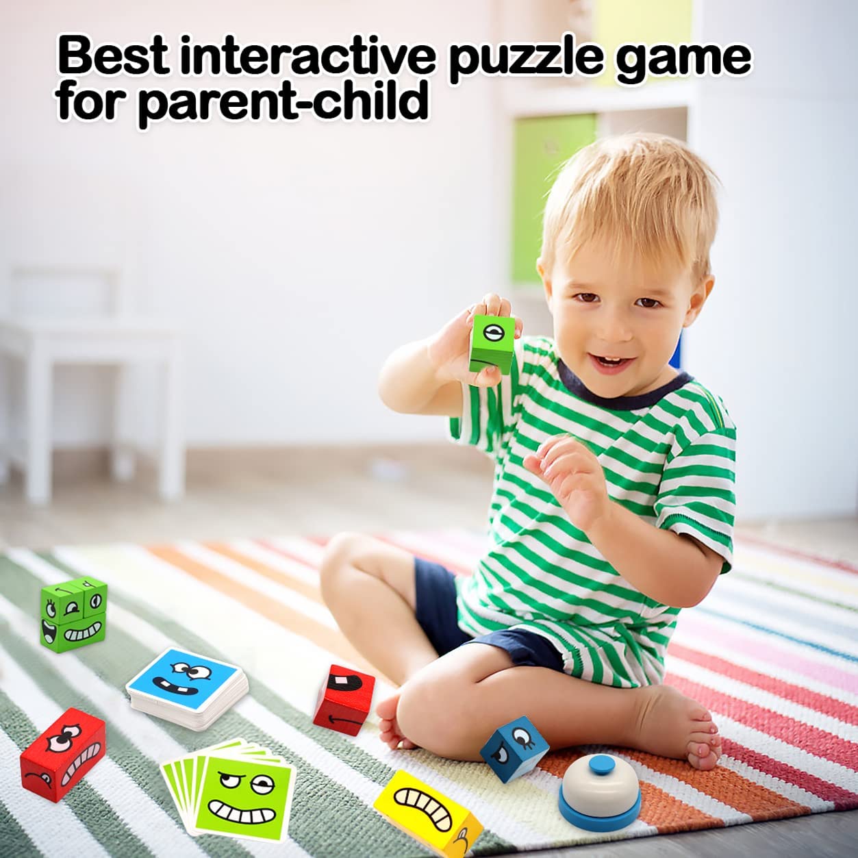 Bell Yellow Uzzle Puzzle Building Wooden Blocks Face-Changing with Bell Expressions Matching Cube Game Toy