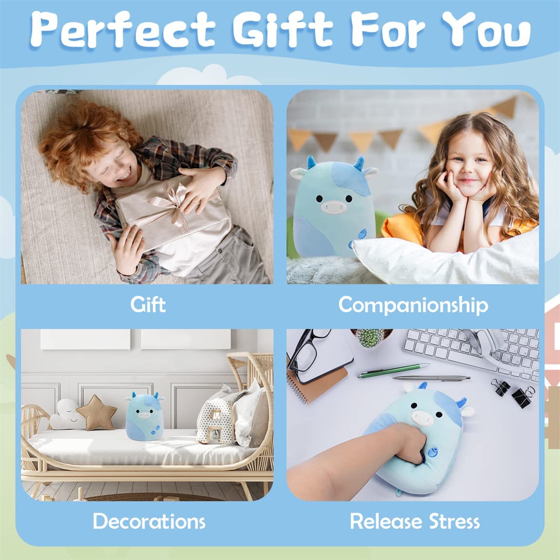 Blueberry Cow Stuffed Animal Cow Plush Pillows Toys, 9” Kawaii Blueberry Cow Plushie Blue Stuffed Cow Plush Toy, 3D Cute Soft Blueberry Cow pillow for Christmas Birthday Kids Gifts Home Car Decoration