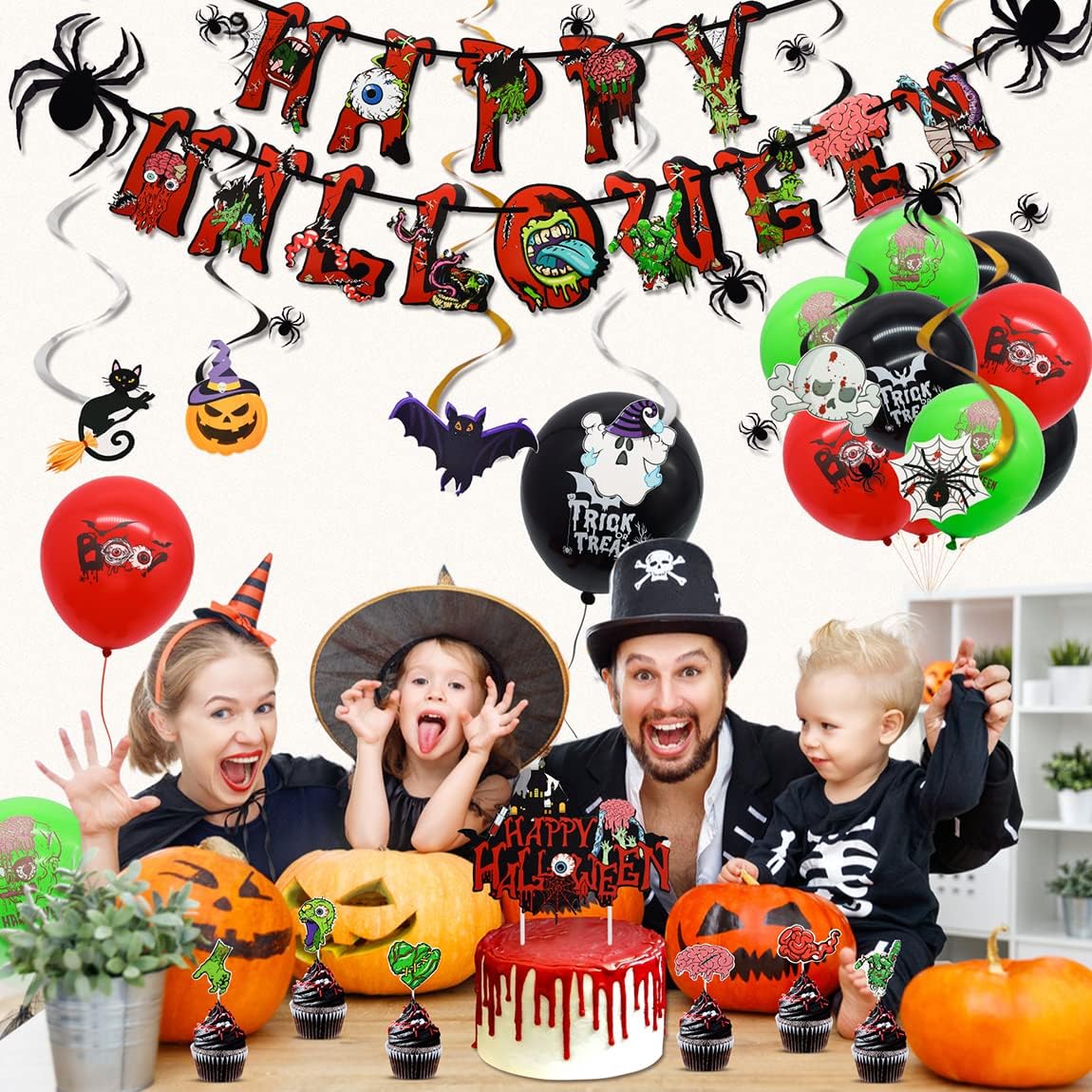 Halloween Party Decorations, Halloween Themed Party Supplies with Happy Halloween Banner Halloween Balloons Spider Cake Topper Swirl Streamers for Halloween Birthday Decorations Indoor outdoor Set