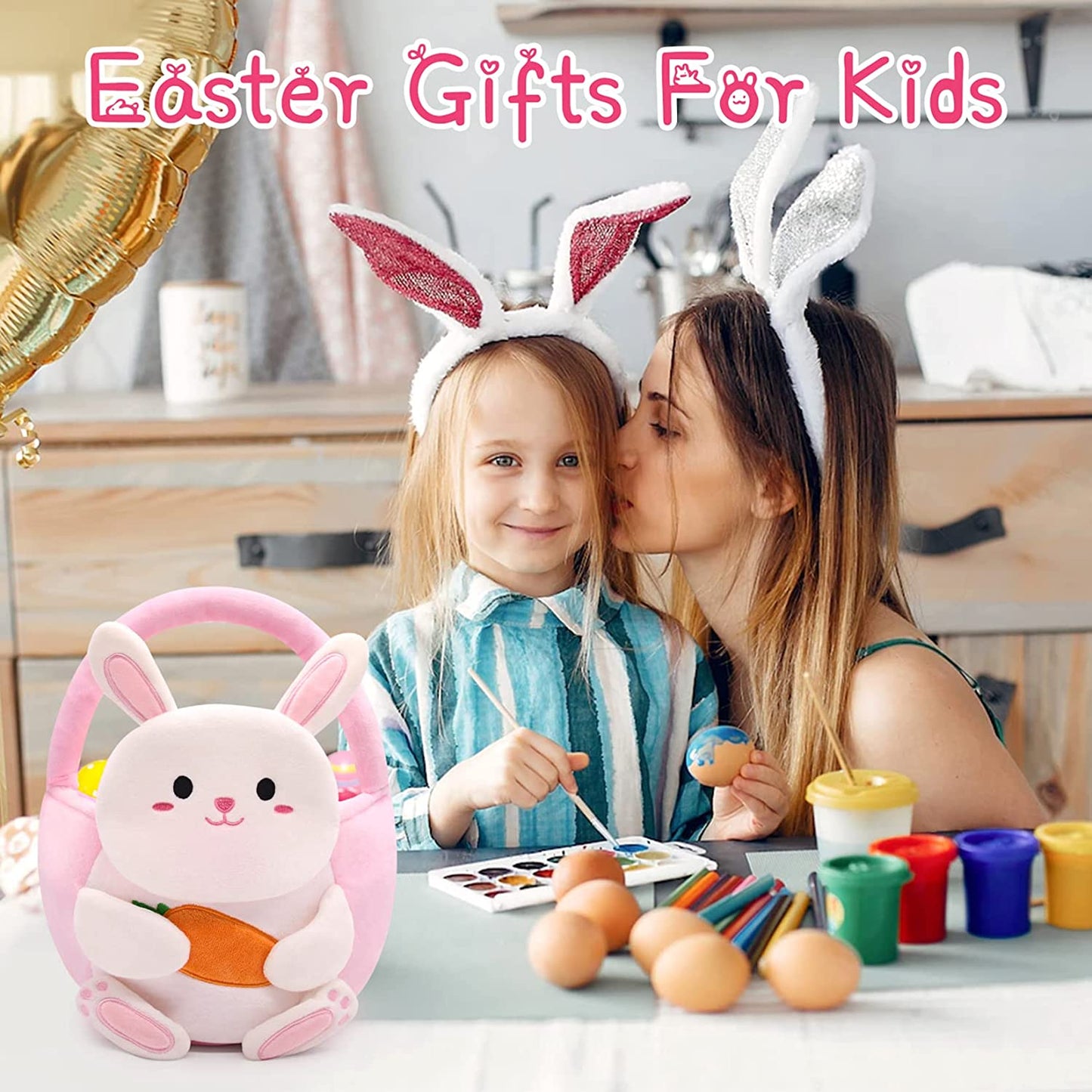 Easter Basket for Kids, Easter Baskets with Handle for Easter Eggs Hunting, Easter Basket Cute Easter Decoration Bunny Bags, Easter Theme Party Favor Easter Gifts for Girls Boys