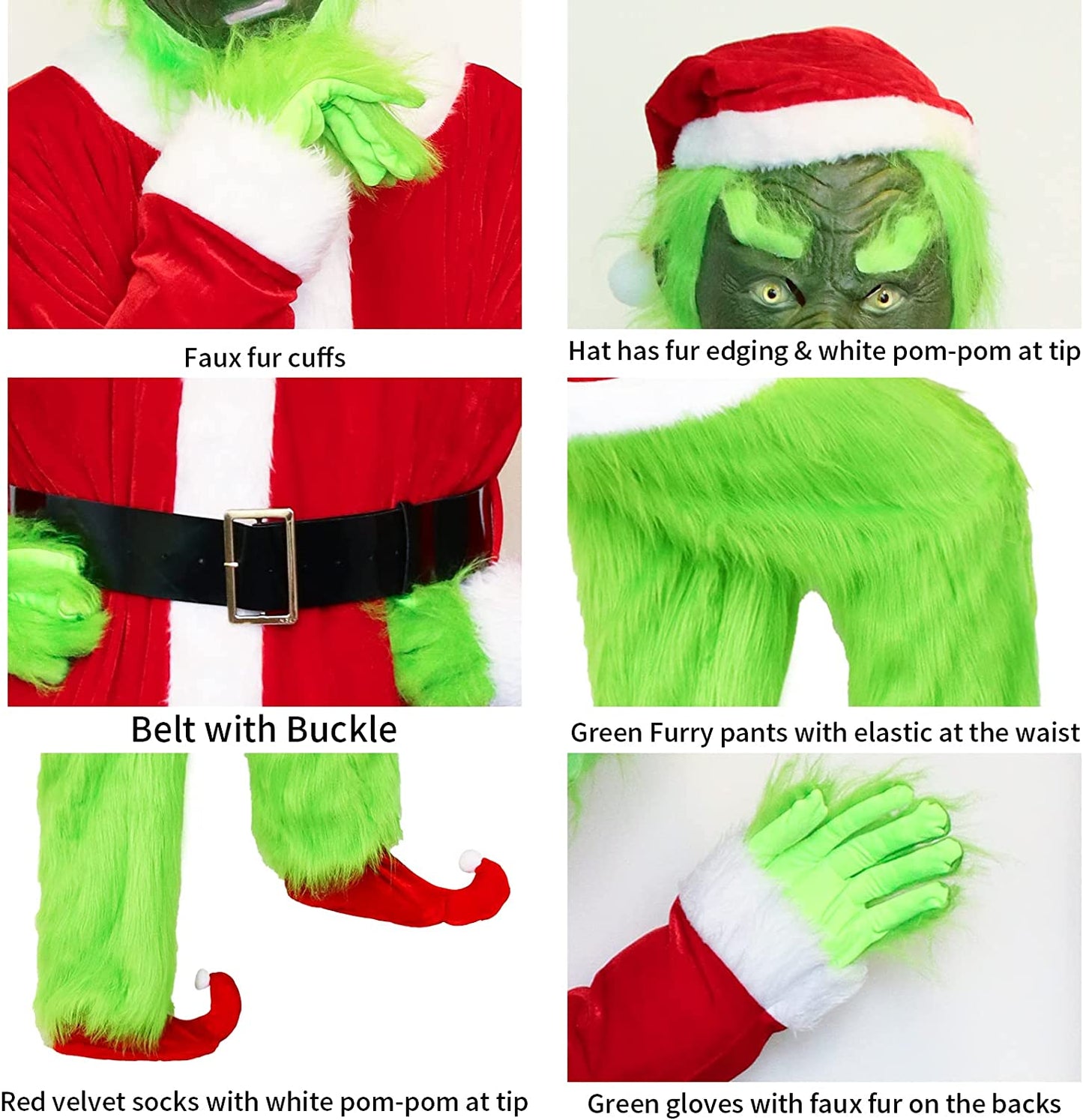 Green Monster Costume 7pcs Grin Mask and Christmas Hat Furry Pants, Santa Suit Green Adult Outfit