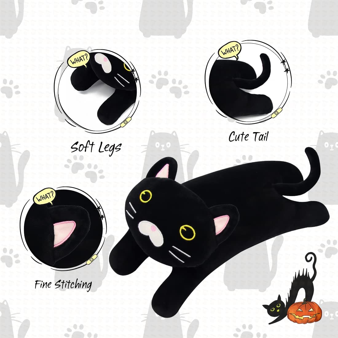 14Inch Black Cat Plush, Cat Plushie Stuffed Animals Pillow, Cute Cat Stuffed Animal Long Cat Pillow, Soft Cat Plushie Sleeping Pillow Doll Toy Gift for Kids Girl Boy