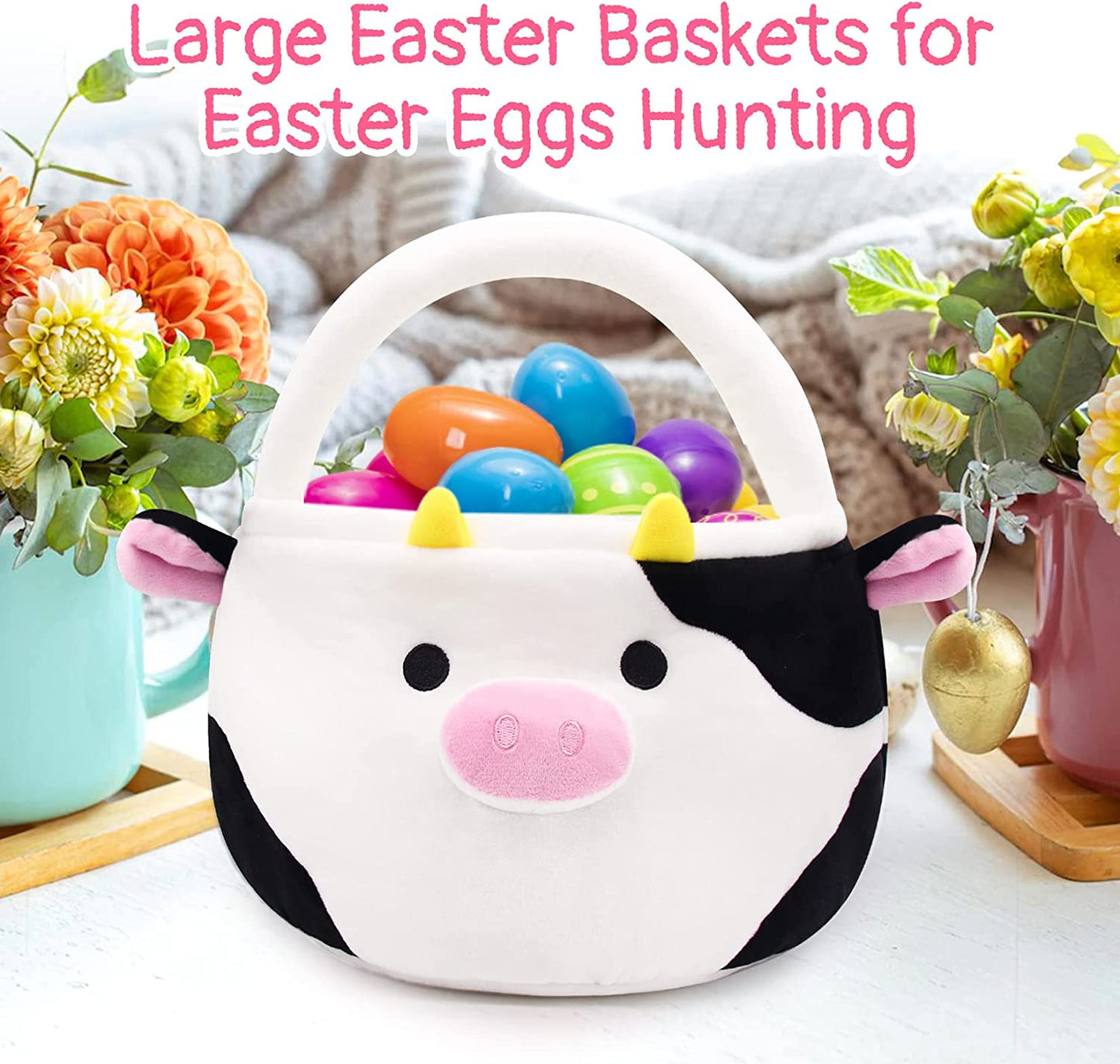 Easter Basket for Kids Cute Black Cow Easter Basket with Handle, Large Easter Bags for Easter Egg Hunting Easter Theme Party Favor Kawaii Easter Gifts for Girls Boys