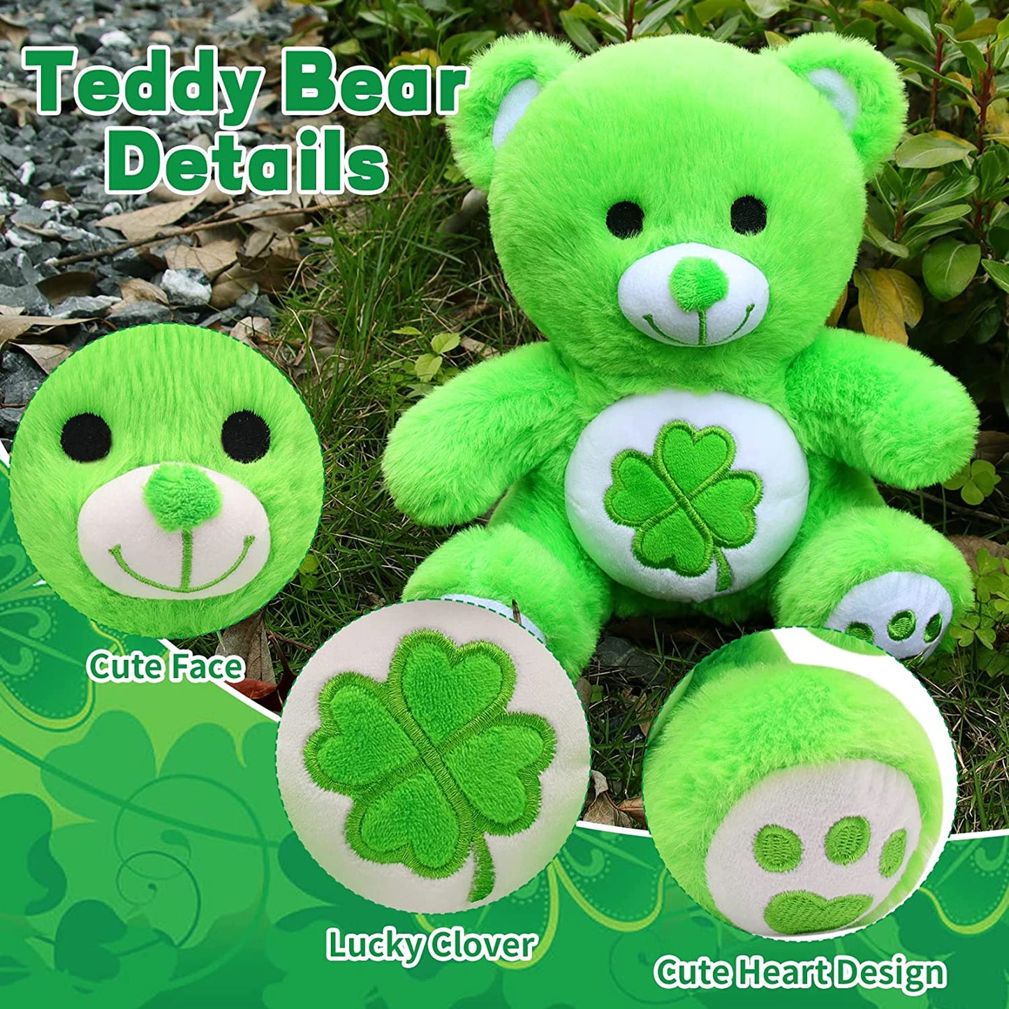 St.Patricks Day Decorations Teddy Bear Stuffed Animal for Kids, Cute Green Teddy Bear Plush with Four Leaf Clover, Kawaii Stuffed Bear Gifts for Kids Her Him Valentines Day Gifts Easter