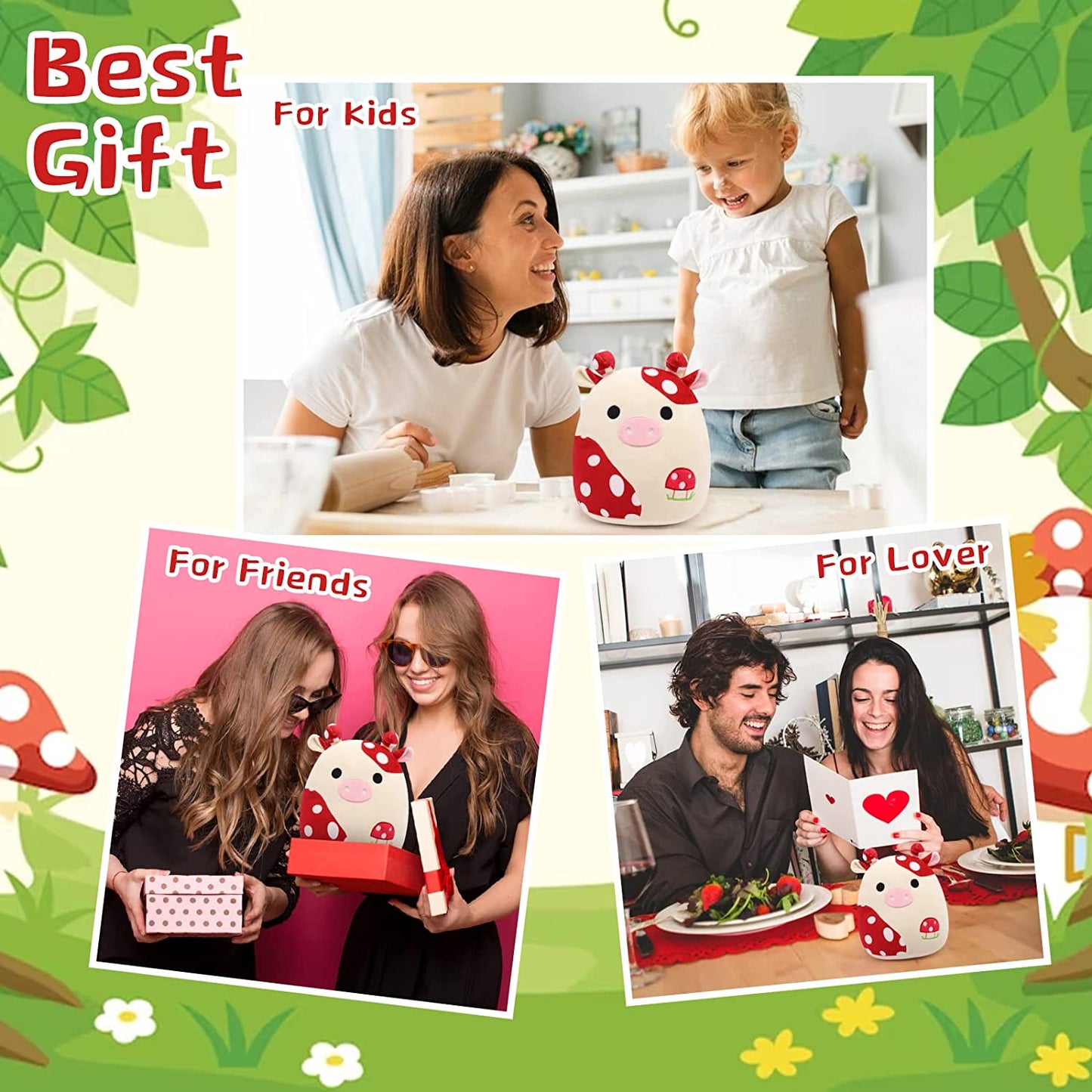 Cow Plush Pillow Cow Stuffed Animals, Cute Stuffed Animal Cow Plushie, Soft Mushroom Plush Cow Pillow Kawaii Stuffed Cow Plush Toy for Kids Girls Boys Birthday Valentines Day