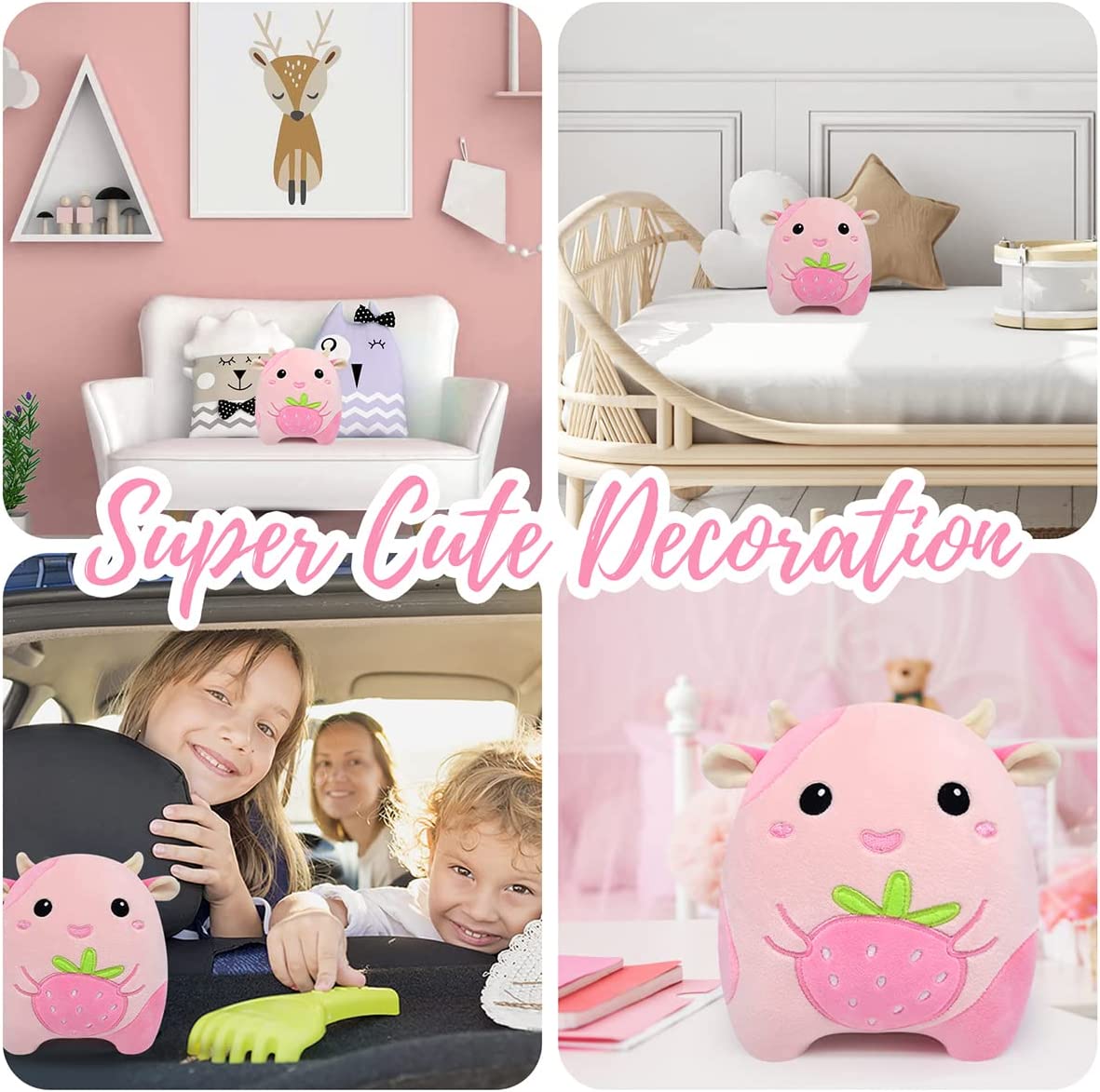 Strawberry Cow Plush Pillow Toy, 8” Kawaii Strawberry Cow Stuffed Animals Plush Pillow Toys, Cute Pink Cow Plushie Soft Stuffed Cow Toys for Christmas Halloween Birthday Kids Gifts Home Car Decoration