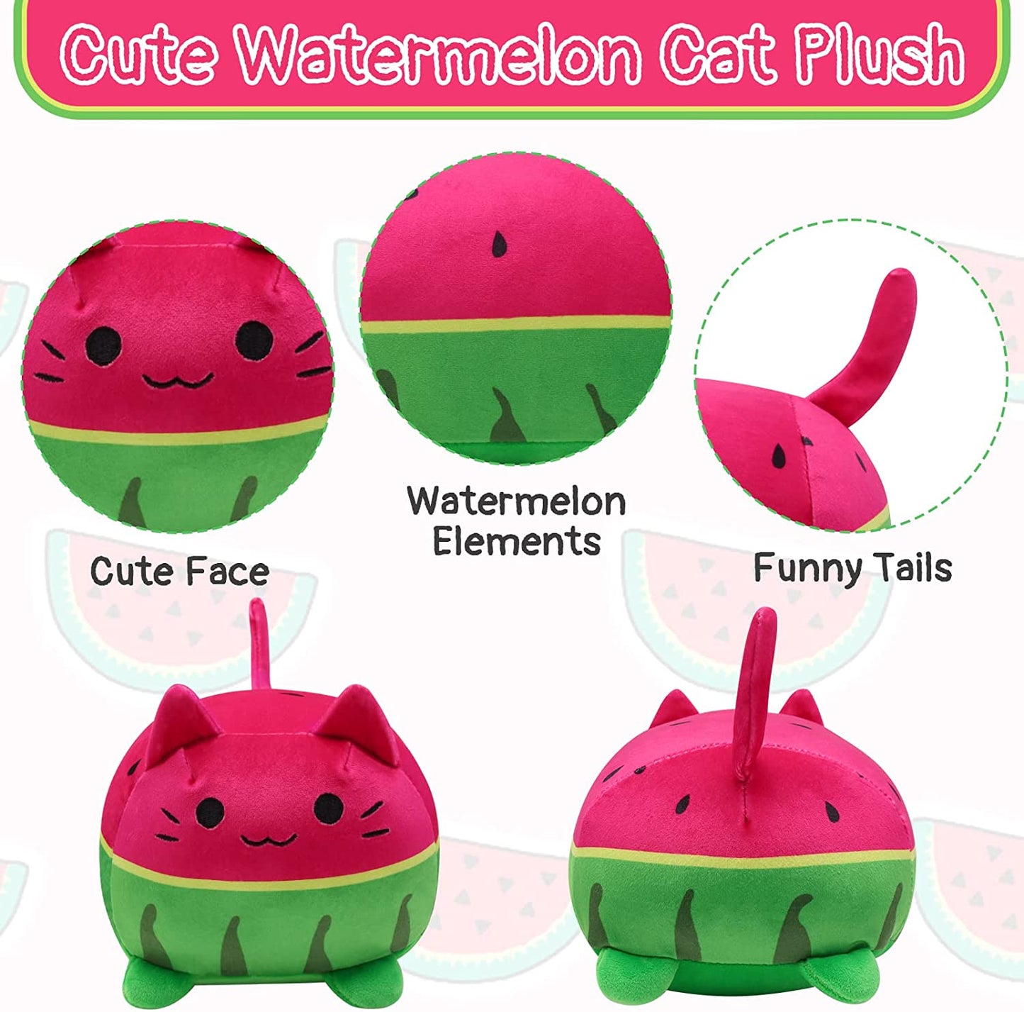 Watermelon Cat Plushie Pillow Toy, 8'' Soft Cat Plush Doll Cat Stuffed Animal Pillow, Cute Watermelon Cat Plush for Kids, Cat Shape Design Sofa Pillow Decoration Doll