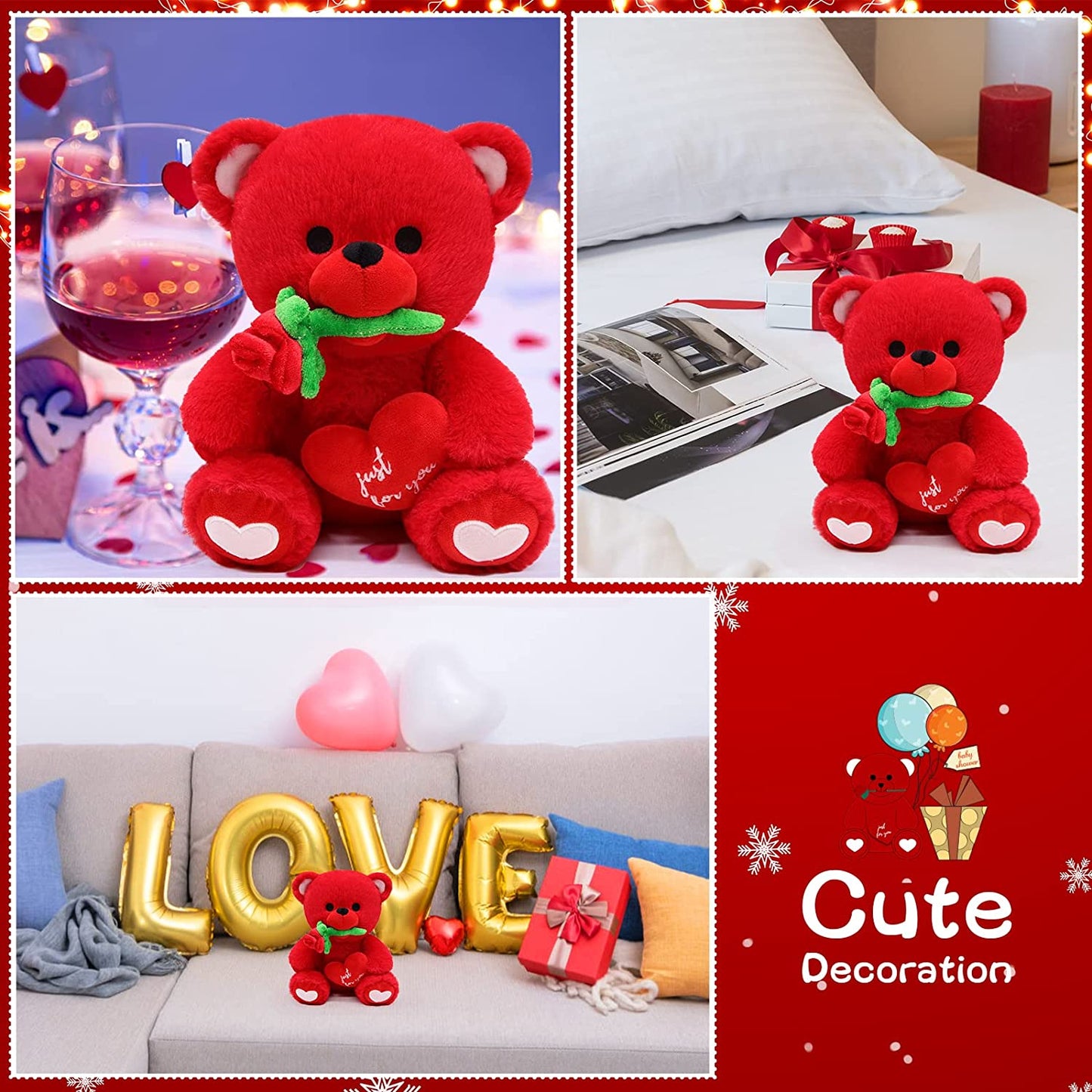 Valentines Day Gifts Teddy Bear Stuffed Animal for Girlfriend Boyfriend, 9.5“ Cute Red Teddy Bear Plush Holding Red Heart with Rose, Cute Valentines Day Stuffed Animals Bear Gifts for Kids Her Him