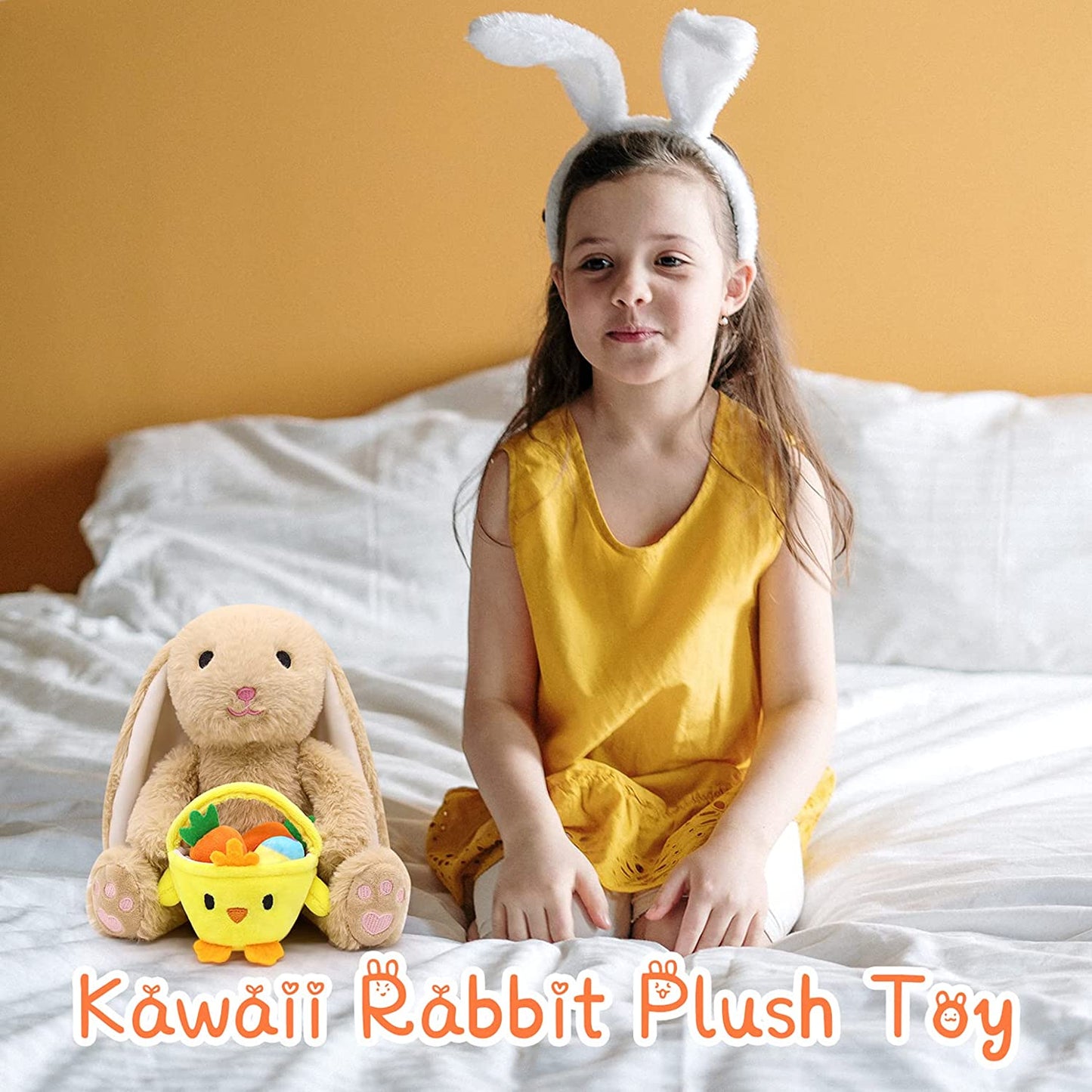 Cute Bunny Plush Bunny Stuffed Animals Toys, Soft Rabbit Stuffed Animals Rabbit Plush Hold Chicken Basket Filled with Easter Eggs Carrots, Kawaii Home Decoration Easter Gifts for Kids Girls Boys