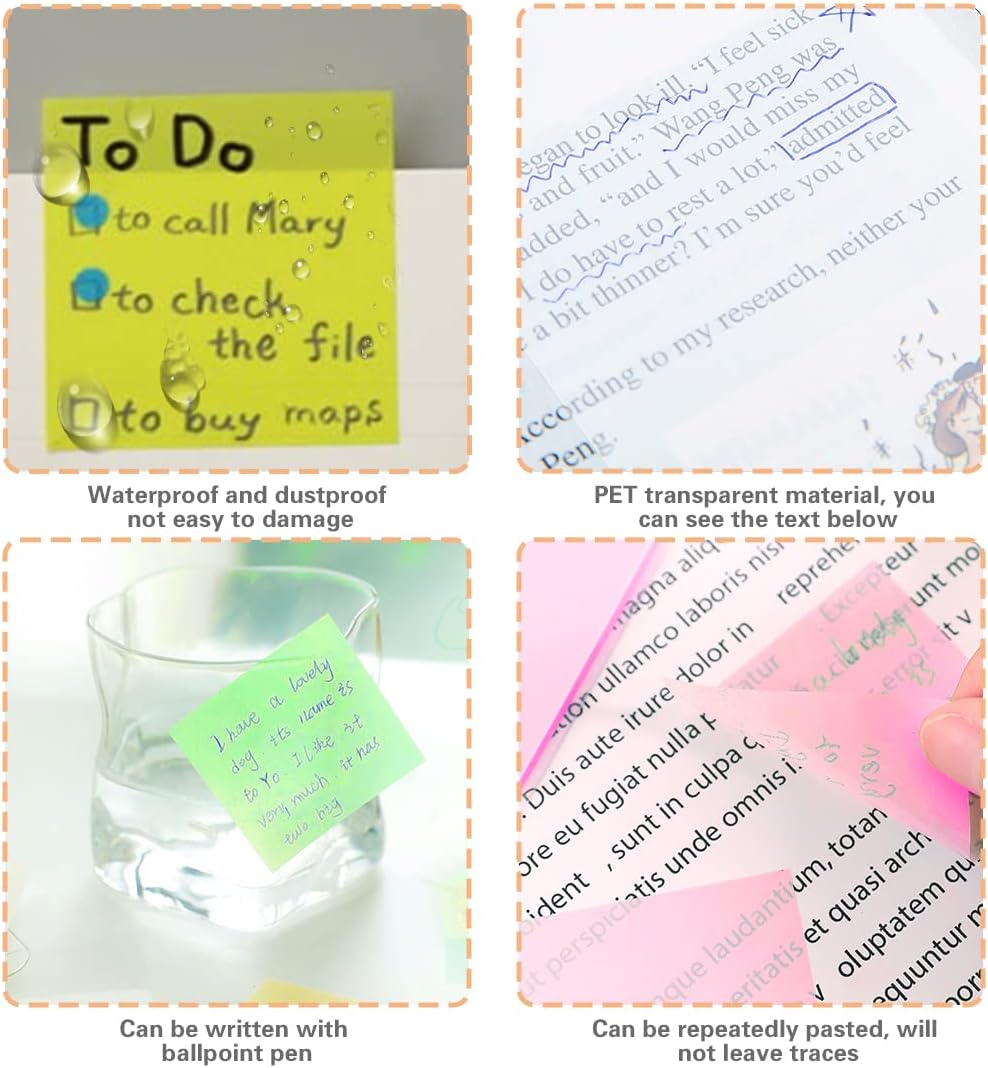 Transparent Sticky Notes, 600Pcs Waterproof Translucent Sticky Notes, 1Clear Reusable Sticky Note with Ballpoint Pen for Office School Home, Color, 12 Packs