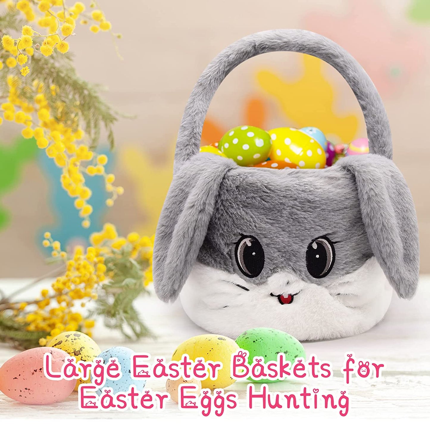 Easter Basket for Kids, Easter Baskets with Handle for Easter Eggs Hunting, Kawaii Easter Basket Cute Easter Decoration Gray Bunny Bags, Easter Theme Party Favor Easter Gifts for Girls Boys