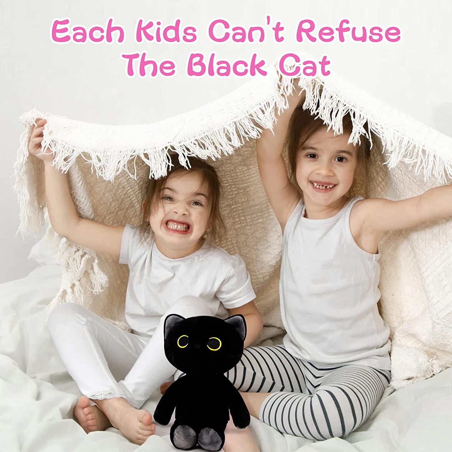 Black Cat Plush Toys Black Cat Stuffed Animals Plush，Cute Black Cat Plushie Doll Soft Black Cat Pillow, Kawaii Stuffed Animal Cat Toy for Kids Birthday Valentines Day Gifts Decor