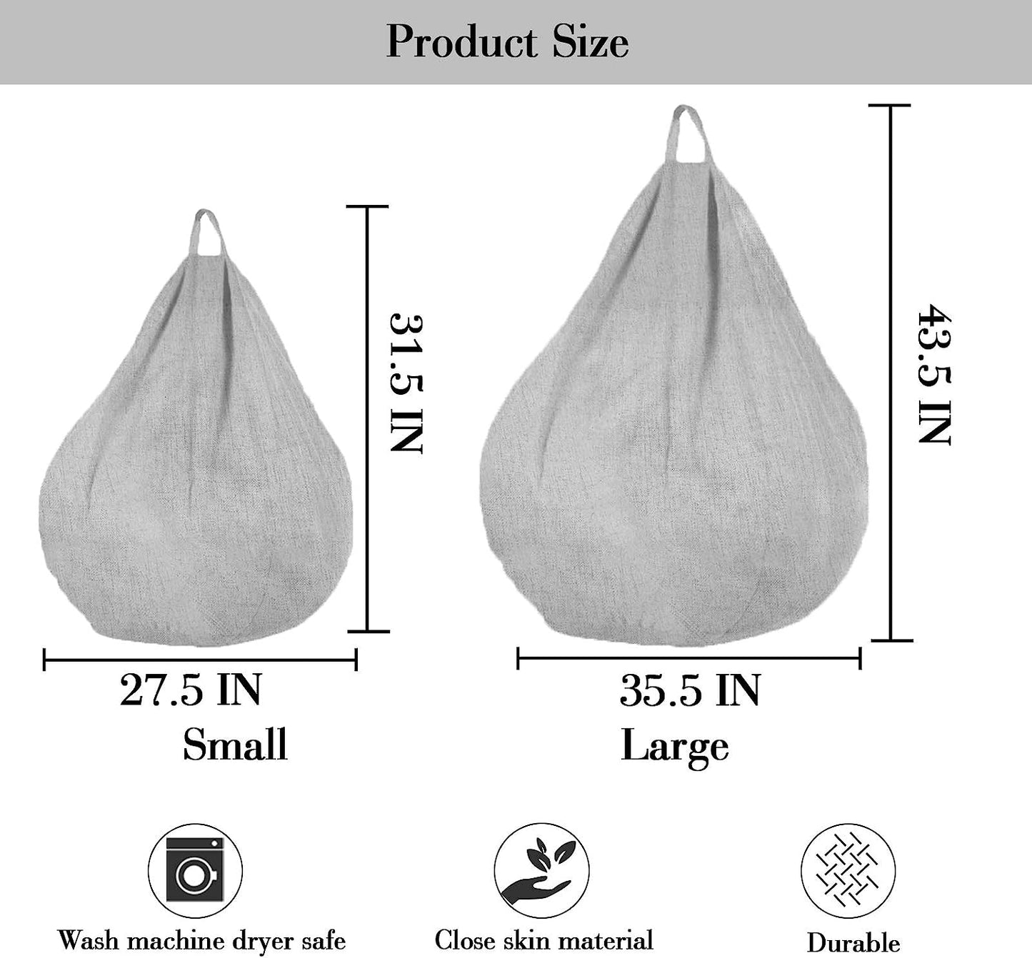 [No Filler] Bean Bag Chair Cover, Soft Bean Bags Chairs for Kids Teens | Stuffable Zipper Beanbag for Organizing Children Plush Toys for Garden Lounge Dorm Room (Grey, S-27.5"x 31.5")