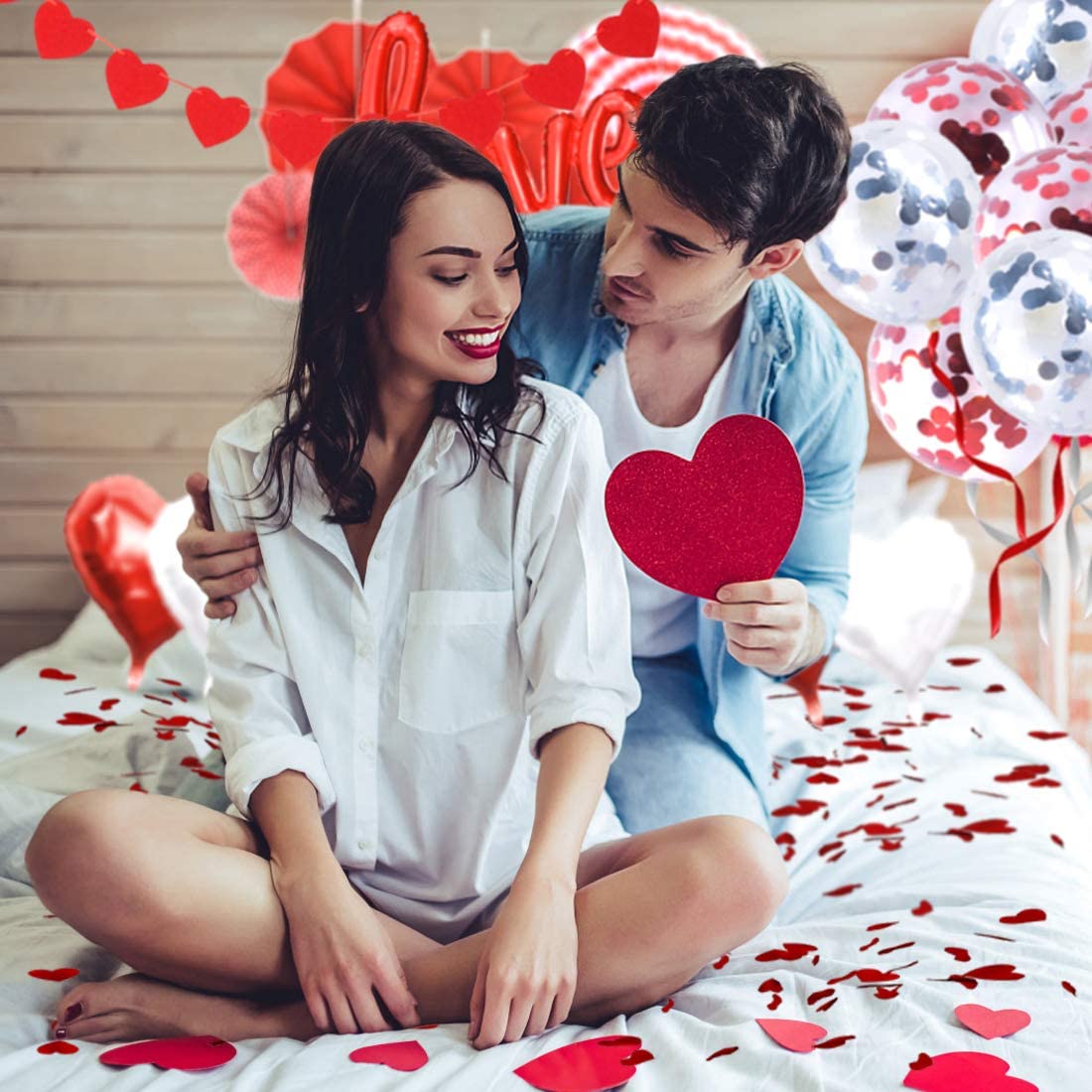 valentines day decor Balloons Kit Red Love Foil Balloons Latex Balloons Red Honeycomb Ballsballoons w/ 1000pcs Artificial Rose petals,1 Pieces LED String Lights Valentines-Day Party Supplies