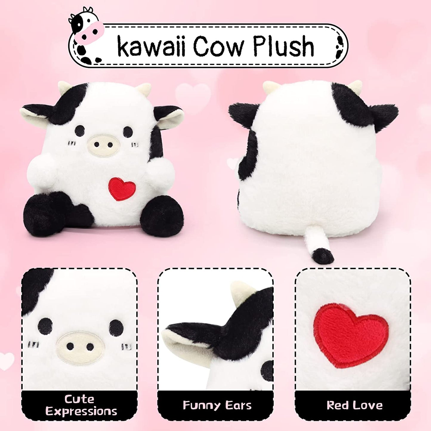 Cow Plush - 3D Cute Cow Stuffed Animals Pillow Toy - Kawaii Cow Plush - Cow Pillow Plush for All Ages - Gift for Valentine's Day Children's Day Home Decoration