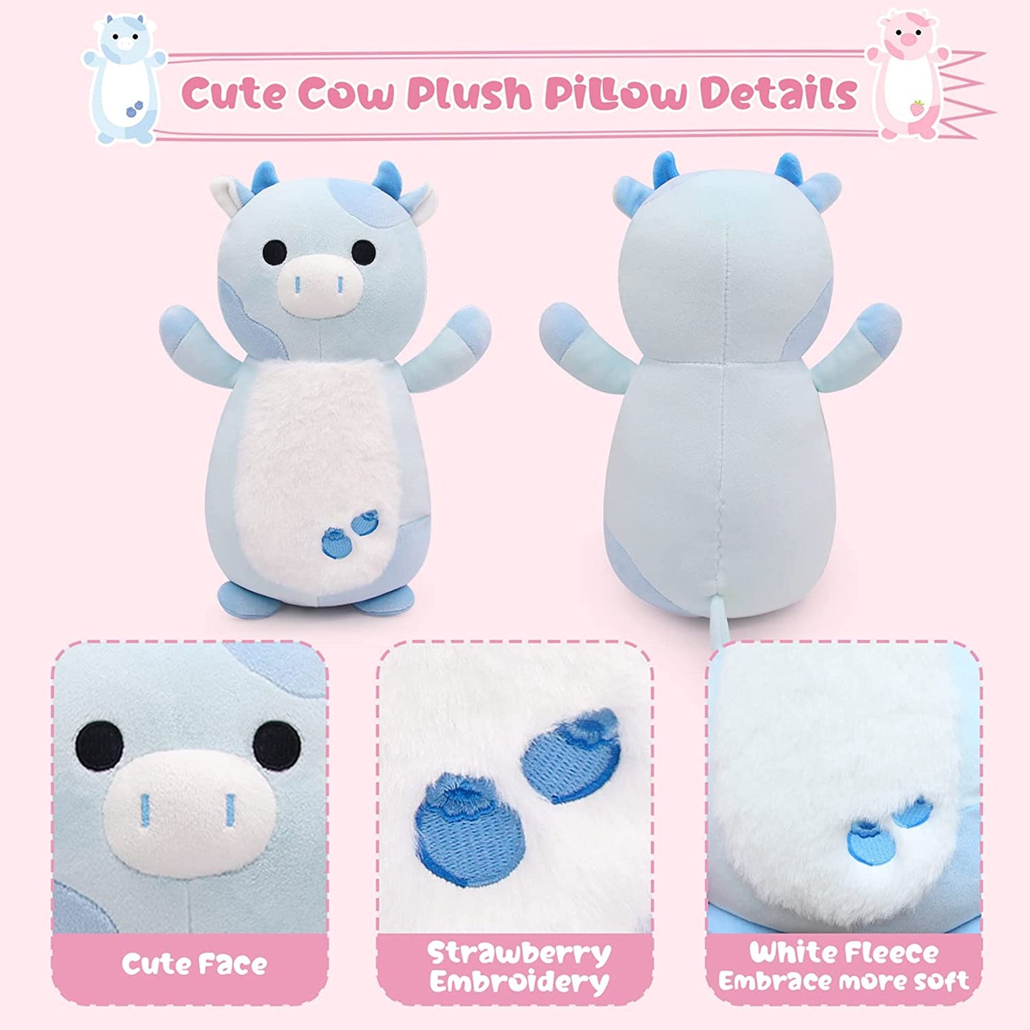 Cow Plush Pillow Blueberry Cow Stuffed Animal Toys, Cute Blueberry Cow Plushie Kawaii Home Decorations, Soft Stuffed Cow Doll Lovely Gifts for Kids (Hug Blue Cow)
