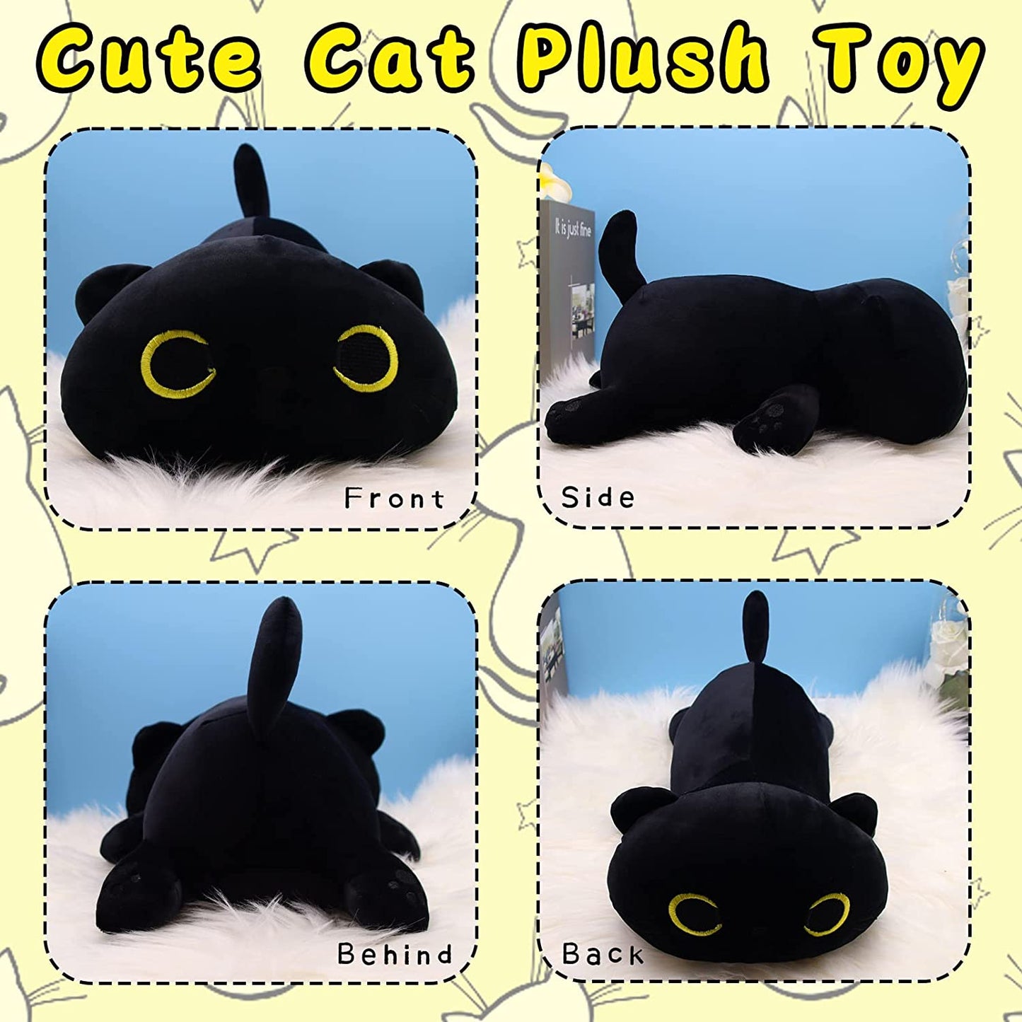 Cute Cat Plush Pillow Toys, 13inch Kawaii Cat Stuffed Animals Black Cat Plushie, Soft Stuffed Cat Doll Pillow Christmas Plush Gift for Kids