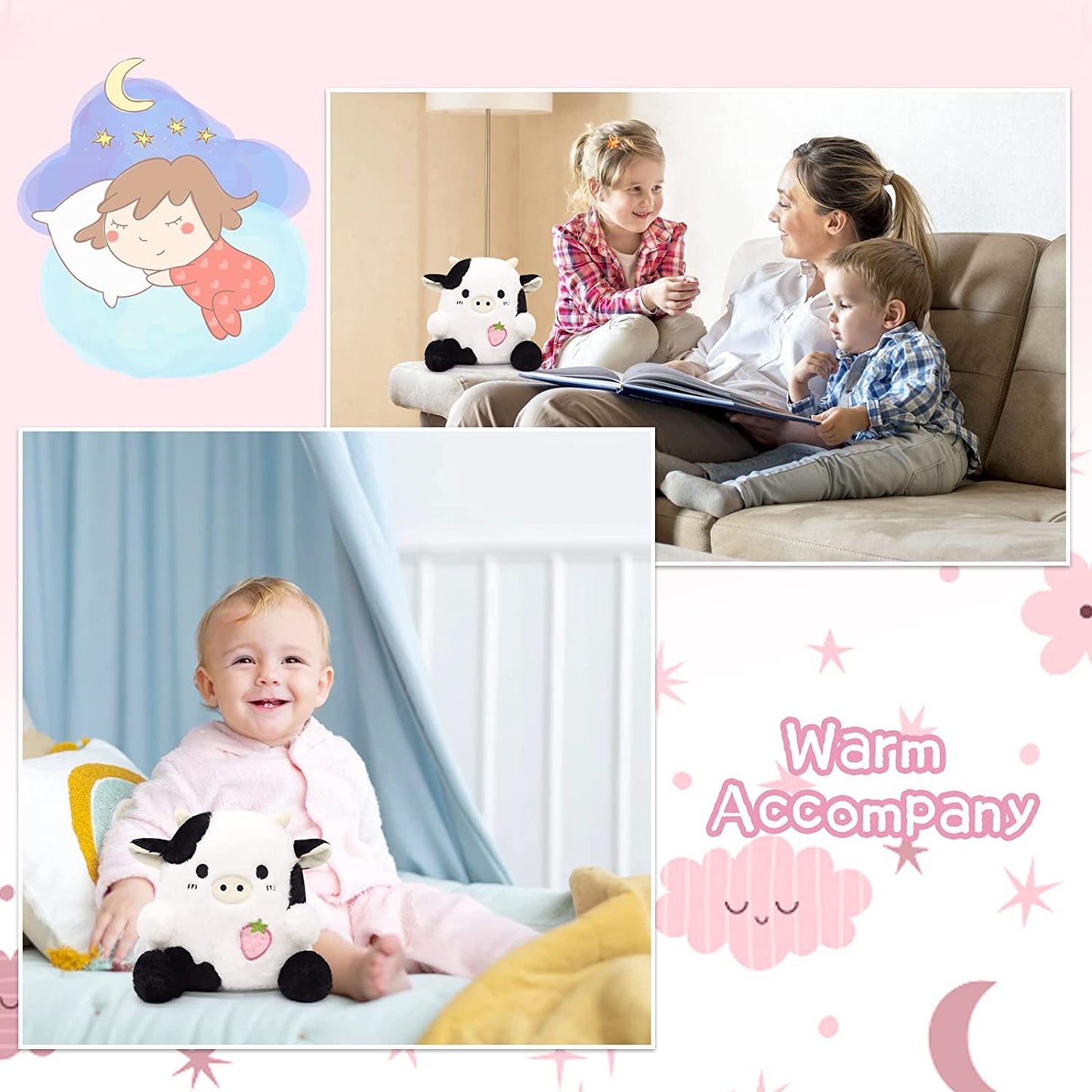 Strawberry Cow Plushie Pillow Cow Stuffed Animal Toys, Cute Cow Plush Kawaii Home Decorations, Soft Stuffed Strawberry Cow Doll Lovely Gifts for Kids (Black Cow)