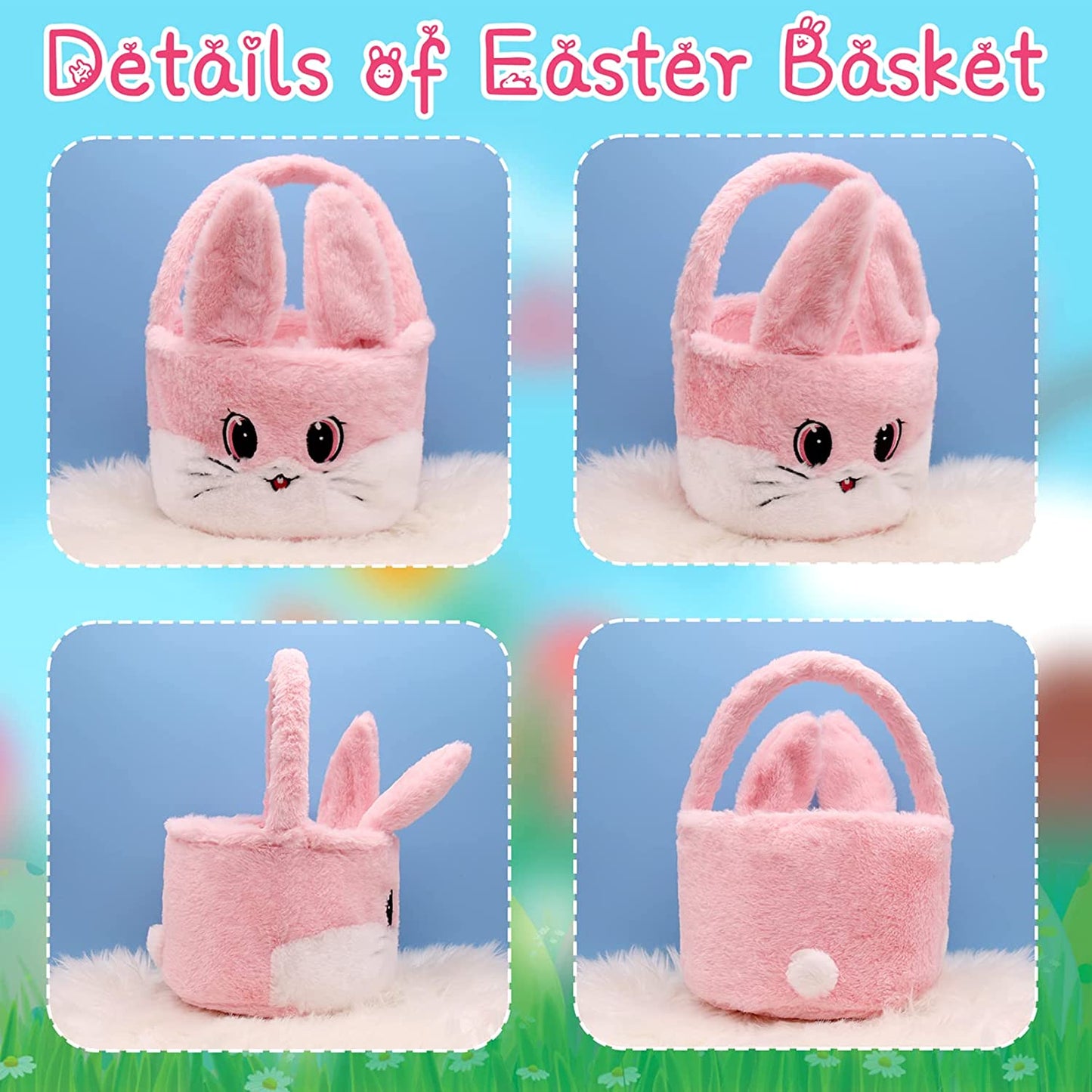 Easter Basket for Kids, Cute Plush Easter Bunny Basket, Large Easter Baskets for Kids Boys Girls, Easter Egg Hunt Basket Bags with Rabbit Plush Ears for Easter Decorations Gifts Candy Toy Storage