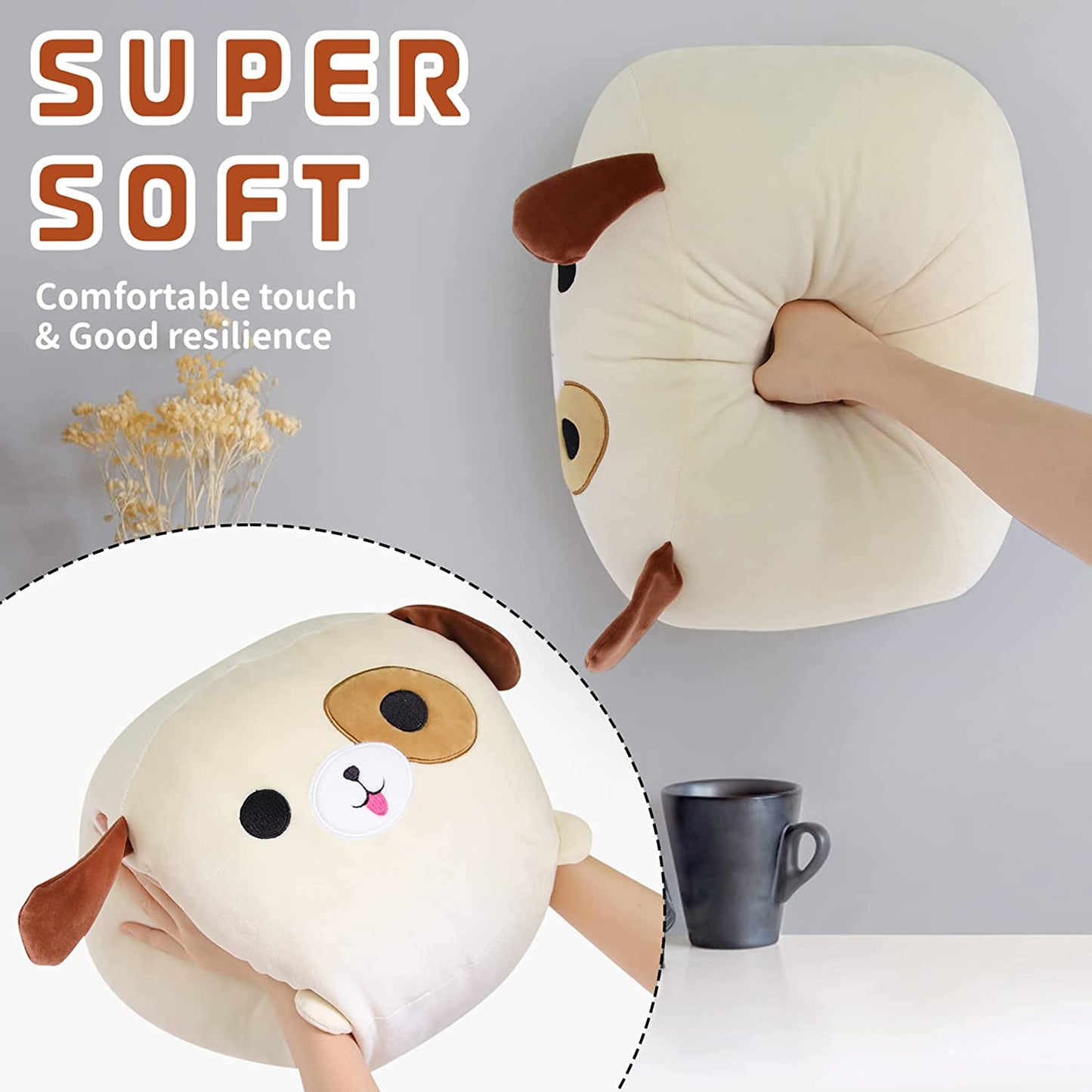 Cute Dog Plush Pillow Toy, 14inch Soft Puppy Pillow Kawaii Home Decoration, Sofa Pillow Dog Stuffed Animals Pillow for Kids Birthday Gifts (Dog Khaki)