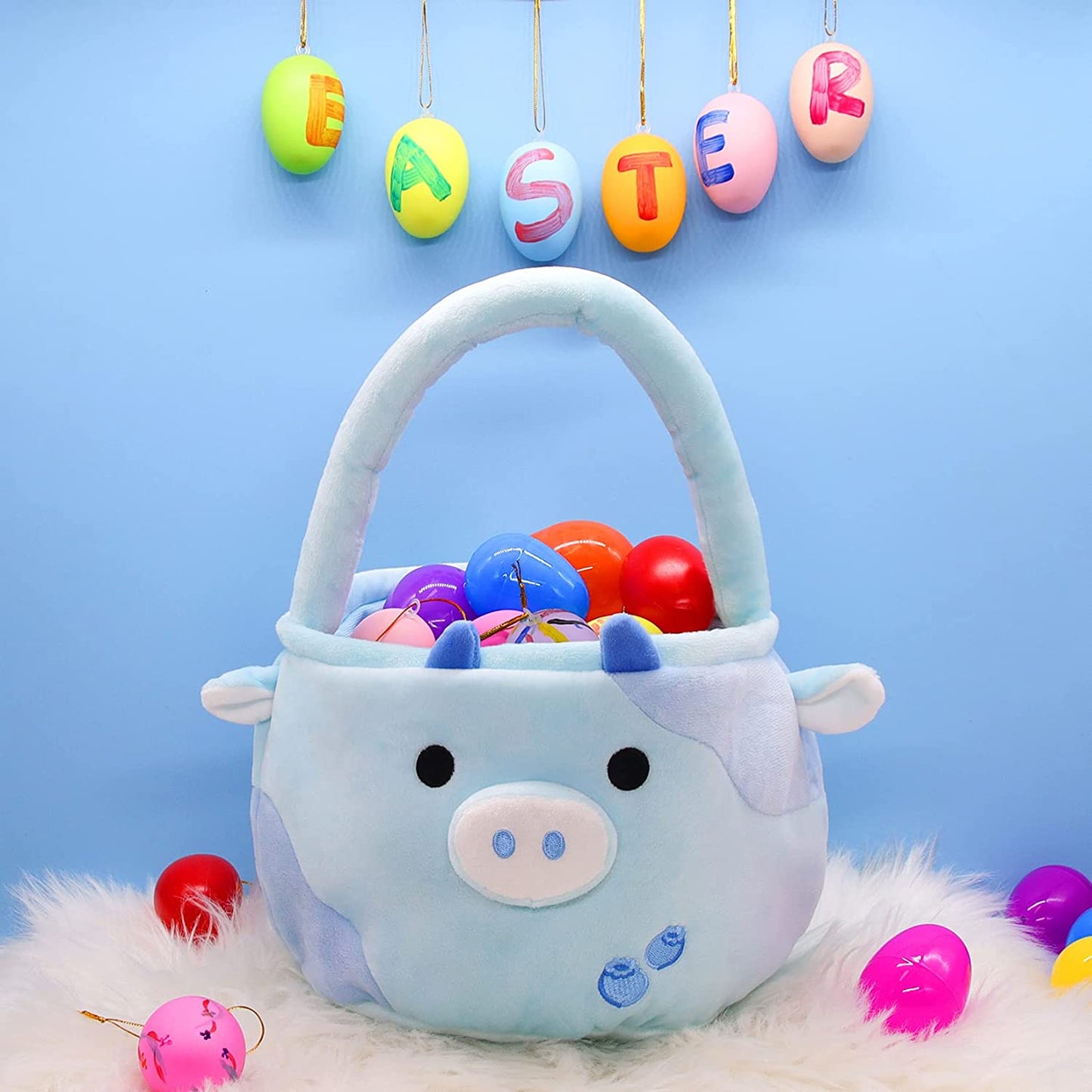 Easter Basket for Kids Cute Blueberry Cow Easter Basket with Handle, Large Easter Bags for Easter Egg Hunting Easter Theme Party Favor Kawaii Easter Gifts for Girls Boys