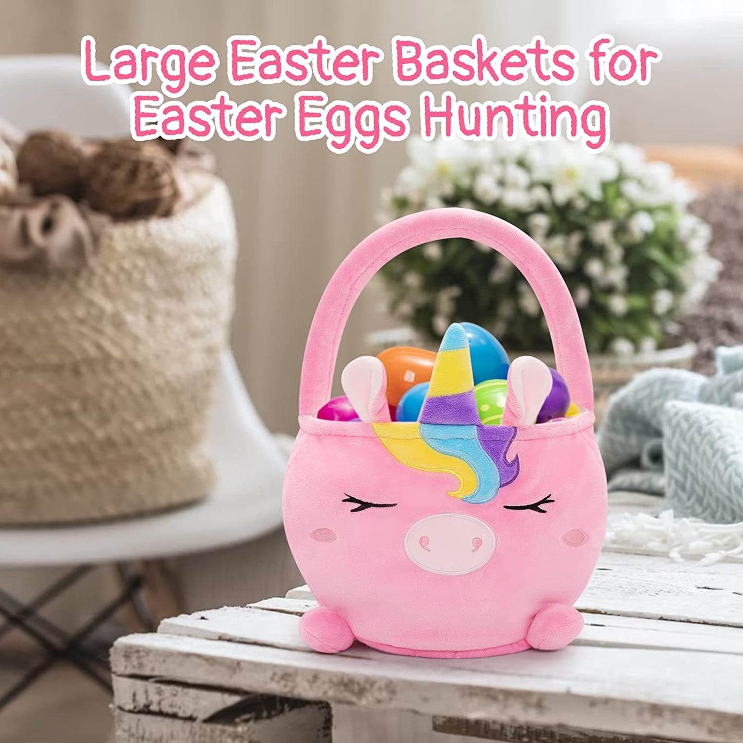 Easter Basket for Kids Cute Easter Basket with Handle, Large Easter Bags for Easter Egg Hunting Easter Theme Party Favor Kawaii Easter Gifts for Girls Boys