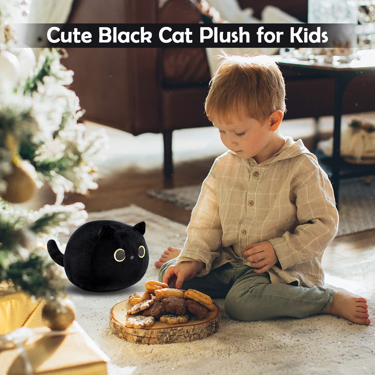3D Cat Stuffed Animal Toy Pillow, 8Inch Fat Black Cat Plush, Soft Kawaii Cat Shape Design Lumbar Back Cushion Plush Stuffed Toy Gifts for Boys Girls Kids