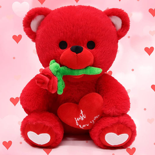Valentines Day Gifts Teddy Bear Stuffed Animal for Girlfriend Boyfriend, 9.5“ Cute Red Teddy Bear Plush Holding Red Heart with Rose, Cute Valentines Day Stuffed Animals Bear Gifts for Kids Her Him