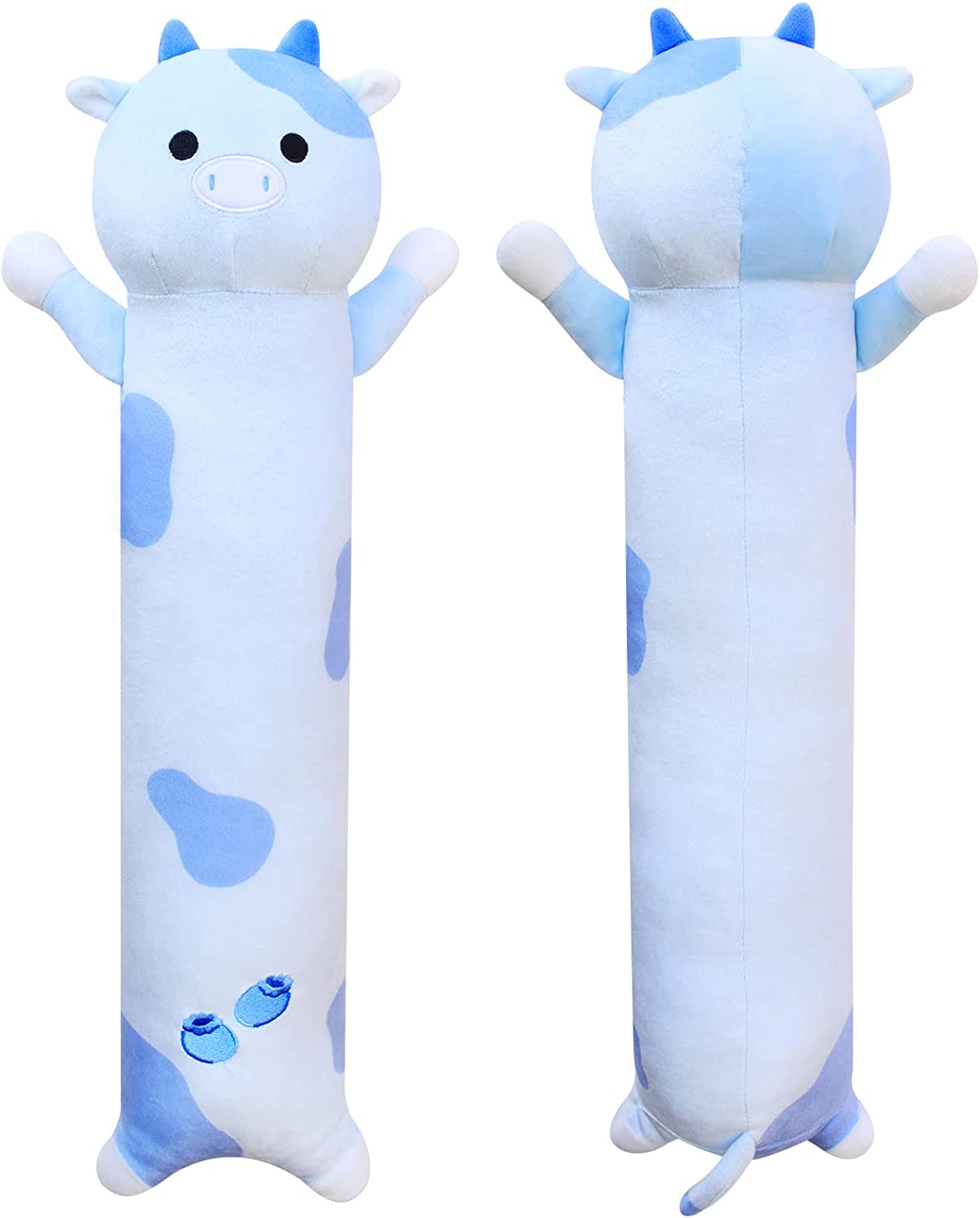 Long Blueberry Cow Plush Body Pillow, 19.5" Kawaii Blueberry Cow Stuffed Animals Cow Plushie, Blue Long Cow Pillow Soft Plush Cow Long Throw Pillow Toy for Kids Girls Boys Valentines Day Gifts