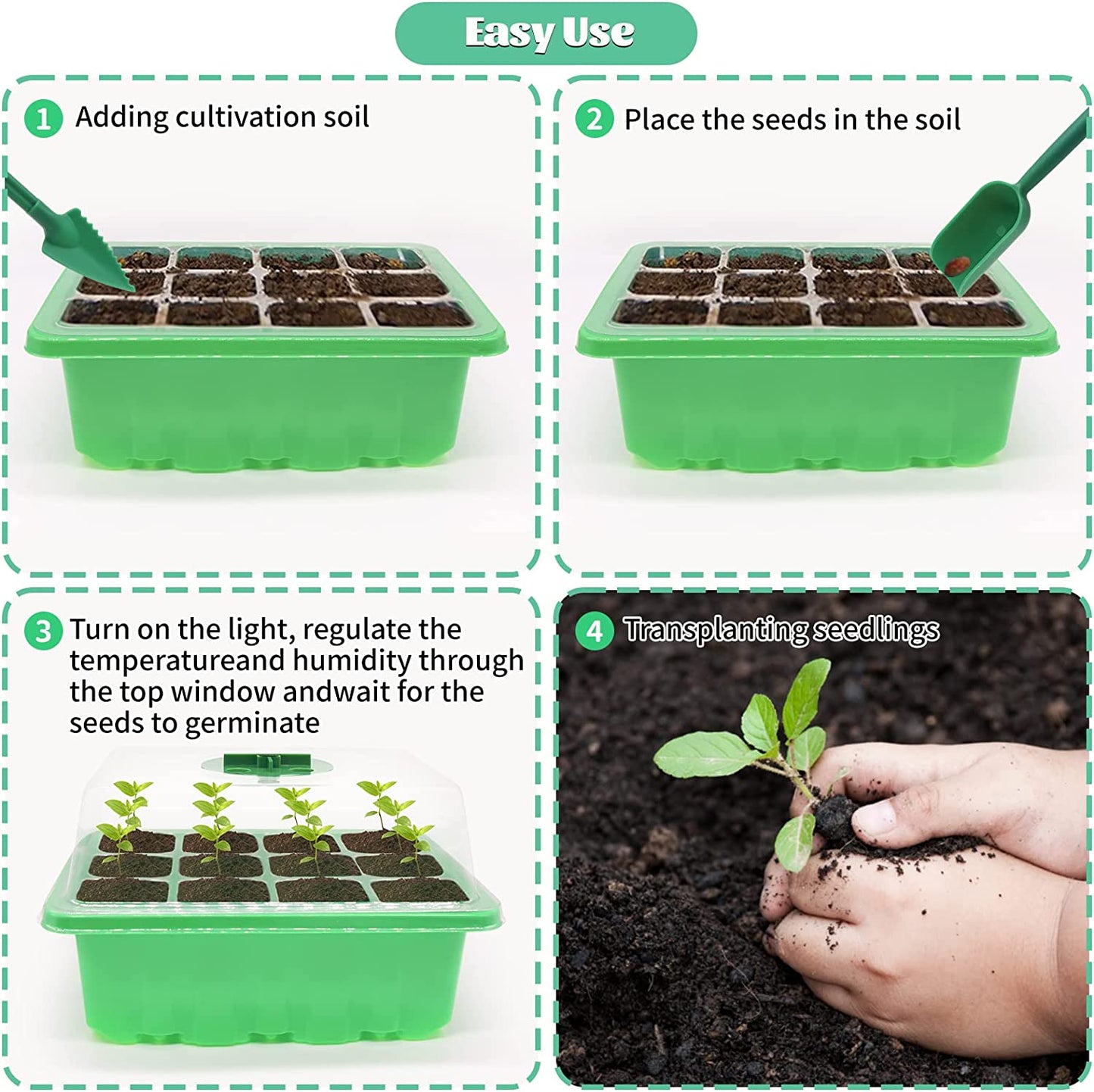 Seed Starter Tray, Seed Starter Kit with Grow Light, Adjustable Humidity & Light Seed Starting Trays, Seedling Plant Starter Trays Pack of 5