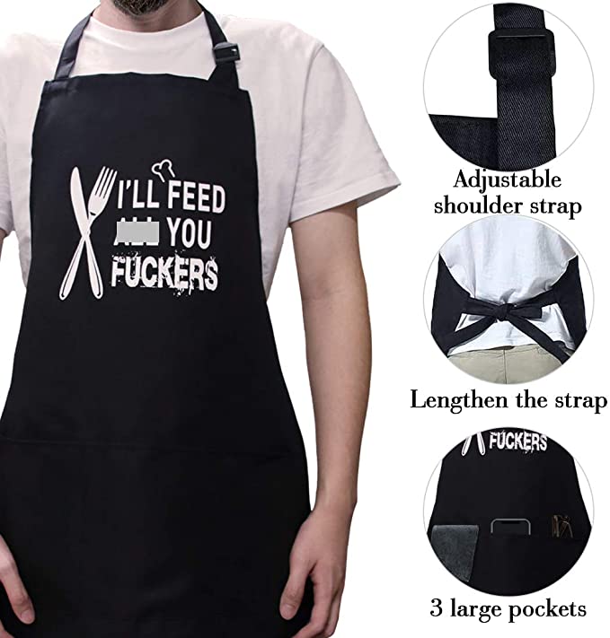 I'll Feed All You Aprons for Men Women,Adjustable Bib Grill Aprons with 3 Pockets and Adjustable Neck,BBQ Apron for men Black Funny Cooking Chef Apron Gift