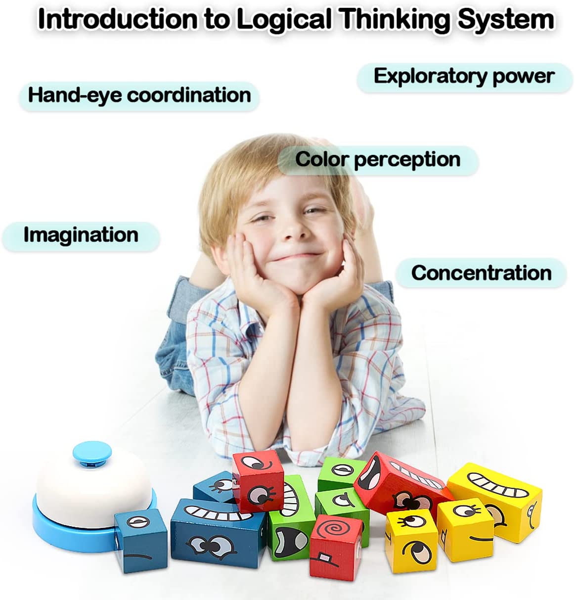 Bell Yellow Uzzle Puzzle Building Wooden Blocks Face-Changing with Bell Expressions Matching Cube Game Toy