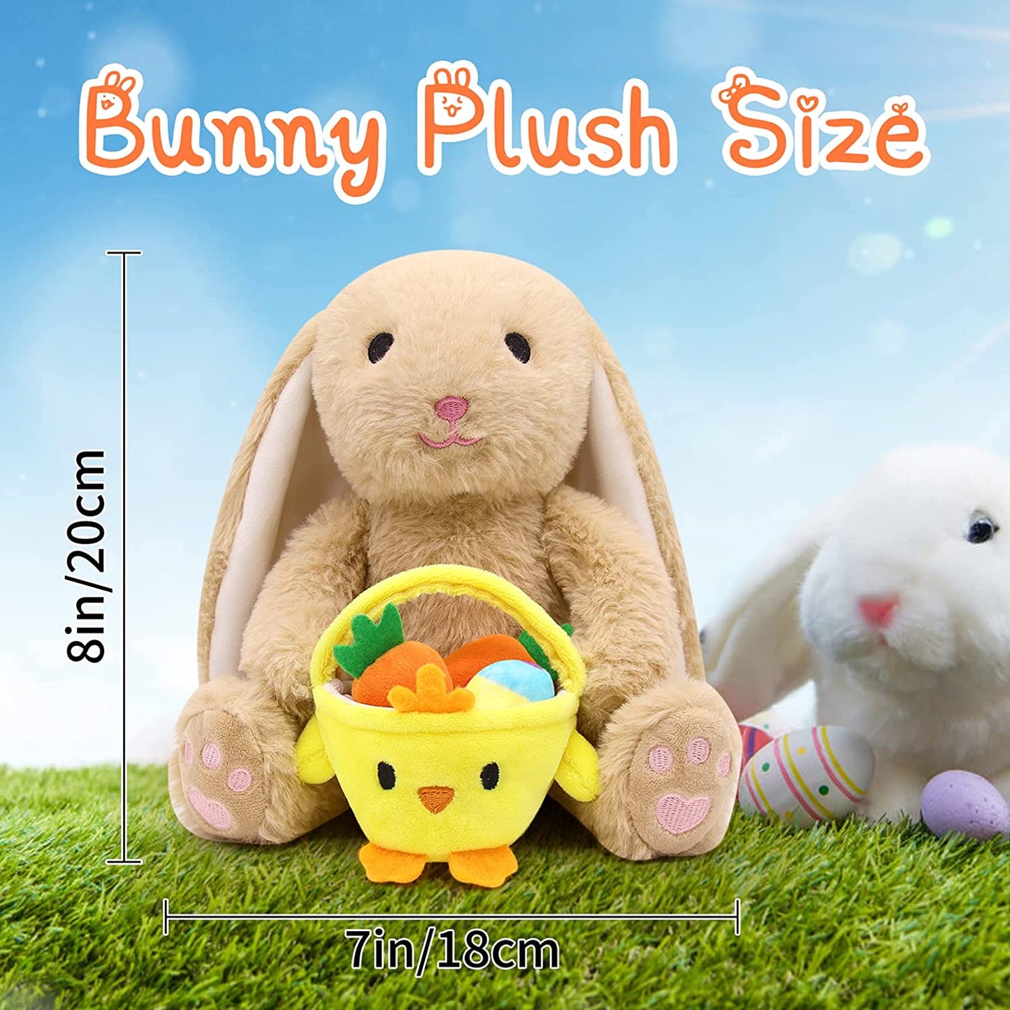 Cute Bunny Plush Bunny Stuffed Animals Toys, Soft Rabbit Stuffed Animals Rabbit Plush Hold Chicken Basket Filled with Easter Eggs Carrots, Kawaii Home Decoration Easter Gifts for Kids Girls Boys