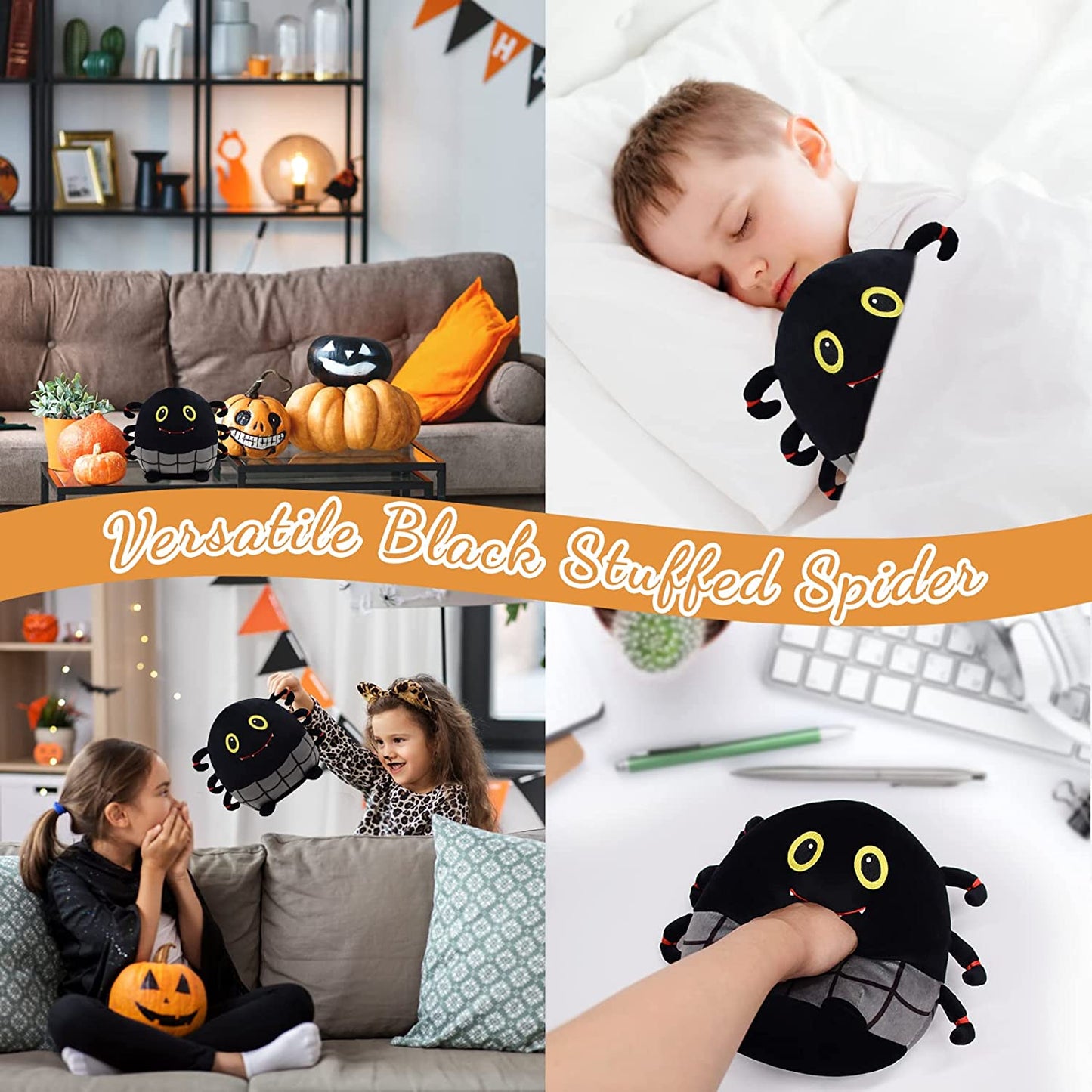 Halloween Spider Stuffed Animals Black Spider Plush Pillow Toys, 9” Kawaii Halloween Plushie Stuffed Spider Plush Toys, Cute Soft Stuffed Animal Spider for Halloween Christmas Birthday Kids Gifts
