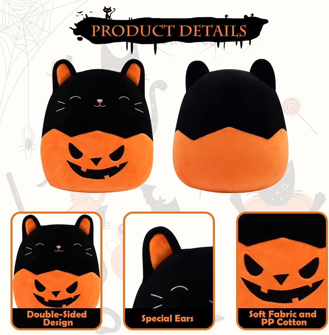 Halloween Plush Cat Plushie Pillow - 8inch Stuffed Animals Black Cat Plushie - Soft Stuffed Cat Doll Pillow - Pumpkin Cat Halloween Plushie - Gift for Kids Birthday Halloween (9 inch)