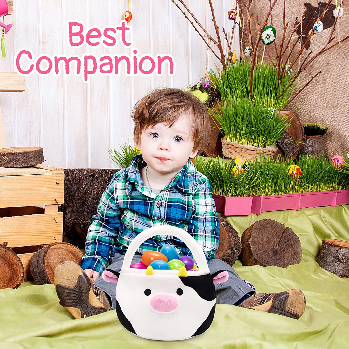 Easter Basket for Kids Cute Black Cow Easter Basket with Handle, Large Easter Bags for Easter Egg Hunting Easter Theme Party Favor Kawaii Easter Gifts for Girls Boys