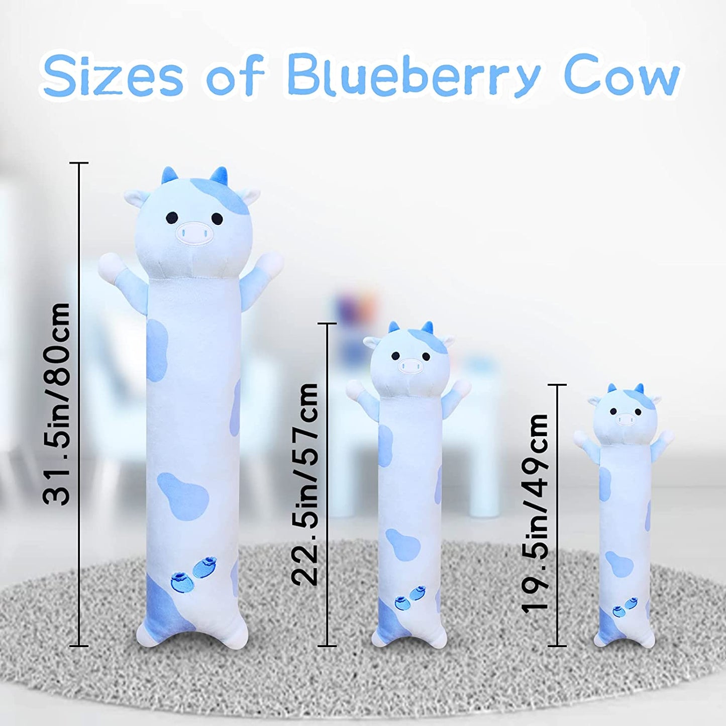 Long Blueberry Cow Plush Body Pillow, 19.5" Kawaii Blueberry Cow Stuffed Animals Cow Plushie, Blue Long Cow Pillow Soft Plush Cow Long Throw Pillow Toy for Kids Girls Boys Valentines Day Gifts