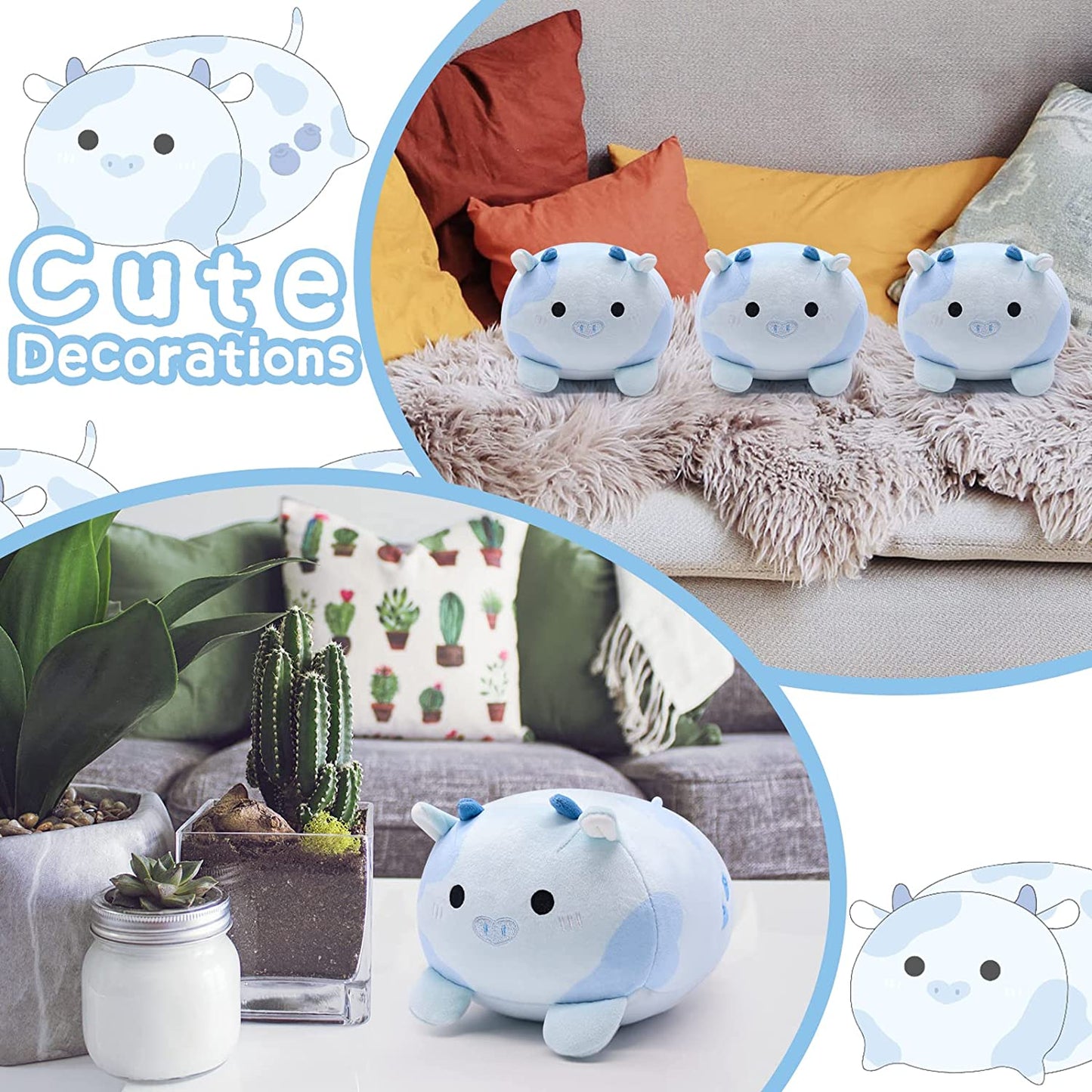 Blueberry Cow Plush Pillow Kawaii Cow Stuffed Animals, Cute Blueberry Cow Plushie Stuffed Cow Plush Blue Cow Pillow Plush Cow Toys for Kids Christmas Birthday Valentine's Day Gifts Home Decoration