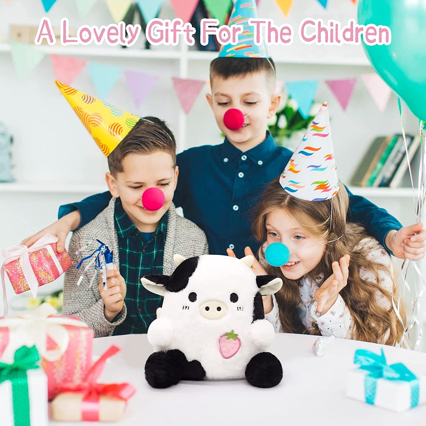 Strawberry Cow Plushie Pillow Cow Stuffed Animal Toys, Cute Cow Plush Kawaii Home Decorations, Soft Stuffed Strawberry Cow Doll Lovely Gifts for Kids (Black Cow)