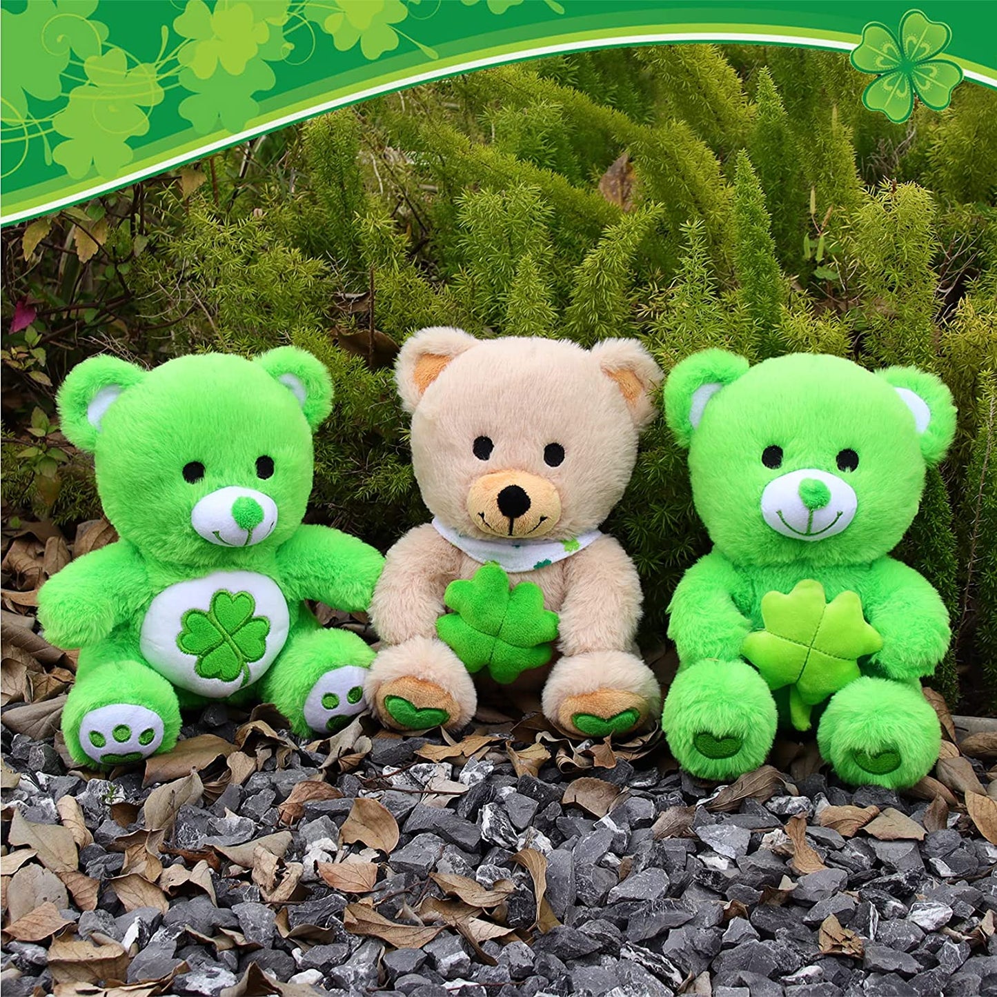 St.Patricks Day Decorations Teddy Bear Stuffed Animal for Kids, Cute Green Teddy Bear Plush with Four Leaf Clover, Kawaii Stuffed Bear Gifts for Kids Her Him Valentines Day Gifts Easter