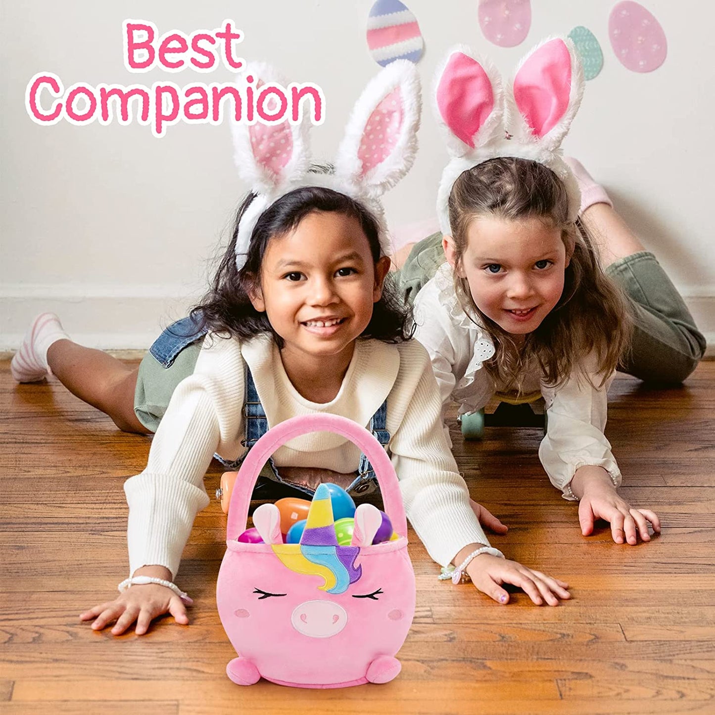 Easter Basket for Kids Cute Easter Basket with Handle, Large Easter Bags for Easter Egg Hunting Easter Theme Party Favor Kawaii Easter Gifts for Girls Boys