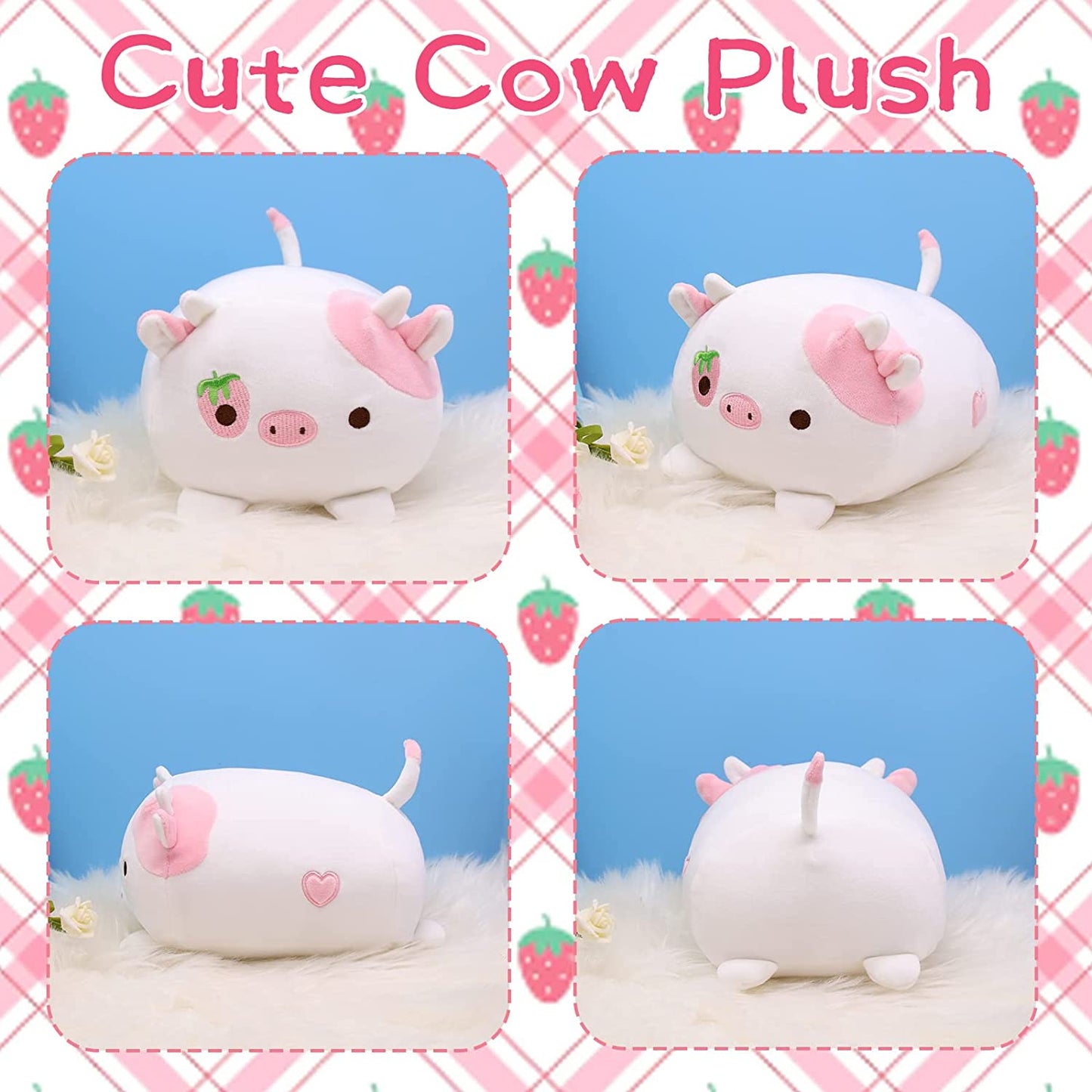 Strawberry Cow Plush Pillow Toy for Kids, Cute Cow Pillow Soft Stuffed Cow Doll Pillow, Strawberry Cow Stuffed Animal Pillow for Boys Girls Sofa Pillow Decoration Doll (Strawberry Cow)