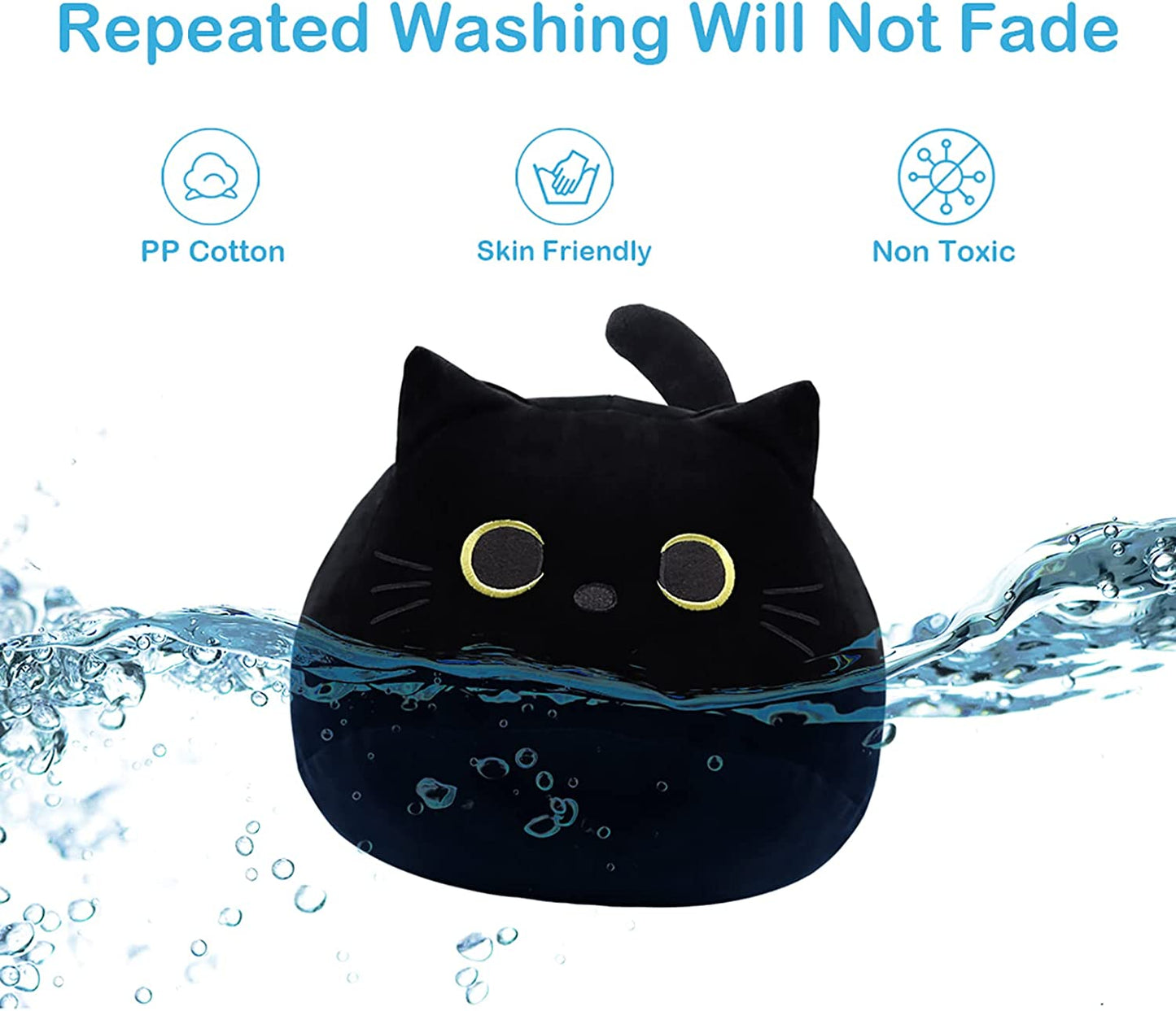 3D Cat Stuffed Animal Toy Pillow, 8Inch Fat Black Cat Plush, Soft Kawaii Cat Shape Design Lumbar Back Cushion Plush Stuffed Toy Gifts for Boys Girls Kids