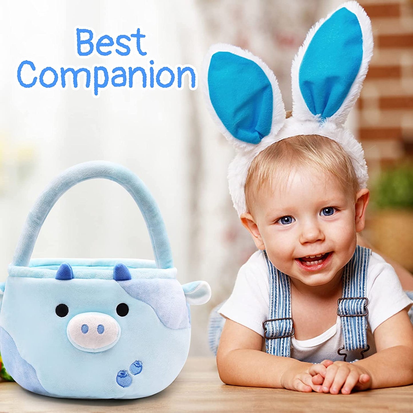 Easter Basket for Kids Cute Blueberry Cow Easter Basket with Handle, Large Easter Bags for Easter Egg Hunting Easter Theme Party Favor Kawaii Easter Gifts for Girls Boys