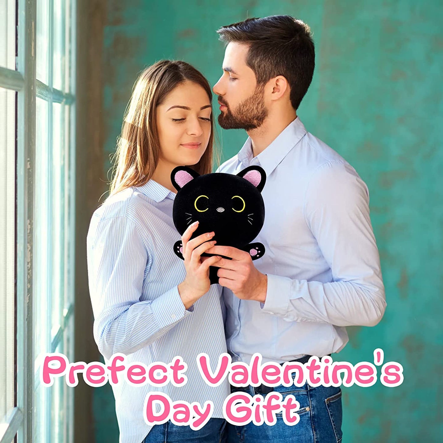 Black Cat Plush Valentines Decor Valentines Day Plush Gifts, Cute Black Cat Stuffed Animals Kawaii Black Cat Plushie Doll, Creative Soft Stuffed Cat Plush Toys for Kids Girlfriend Wife Boyfriend