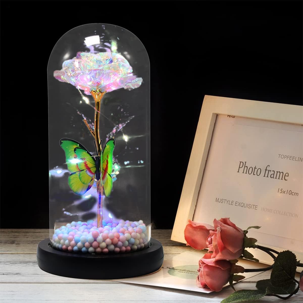 Valentine's Day Decoration Enchanted Rose in Glass Dome for Her, Galaxy Rose Flower in Glass Dome Valintine Day Gifts for Women Girlfriend